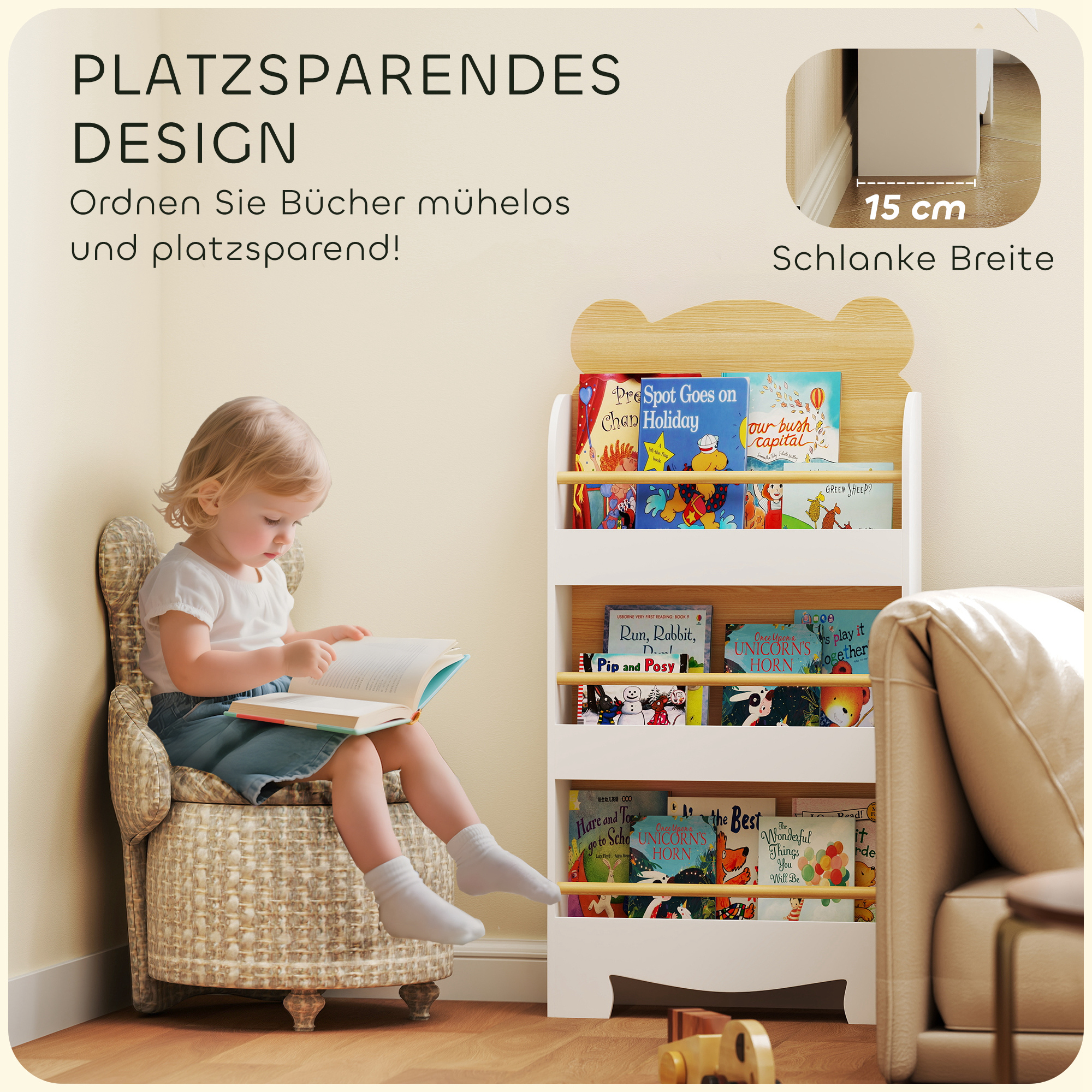 Bücherregal für Kinder Kinderregal mit 3 Ablagen Aufbewahrungsregal aus Holz 55x15x110cm Naturholz