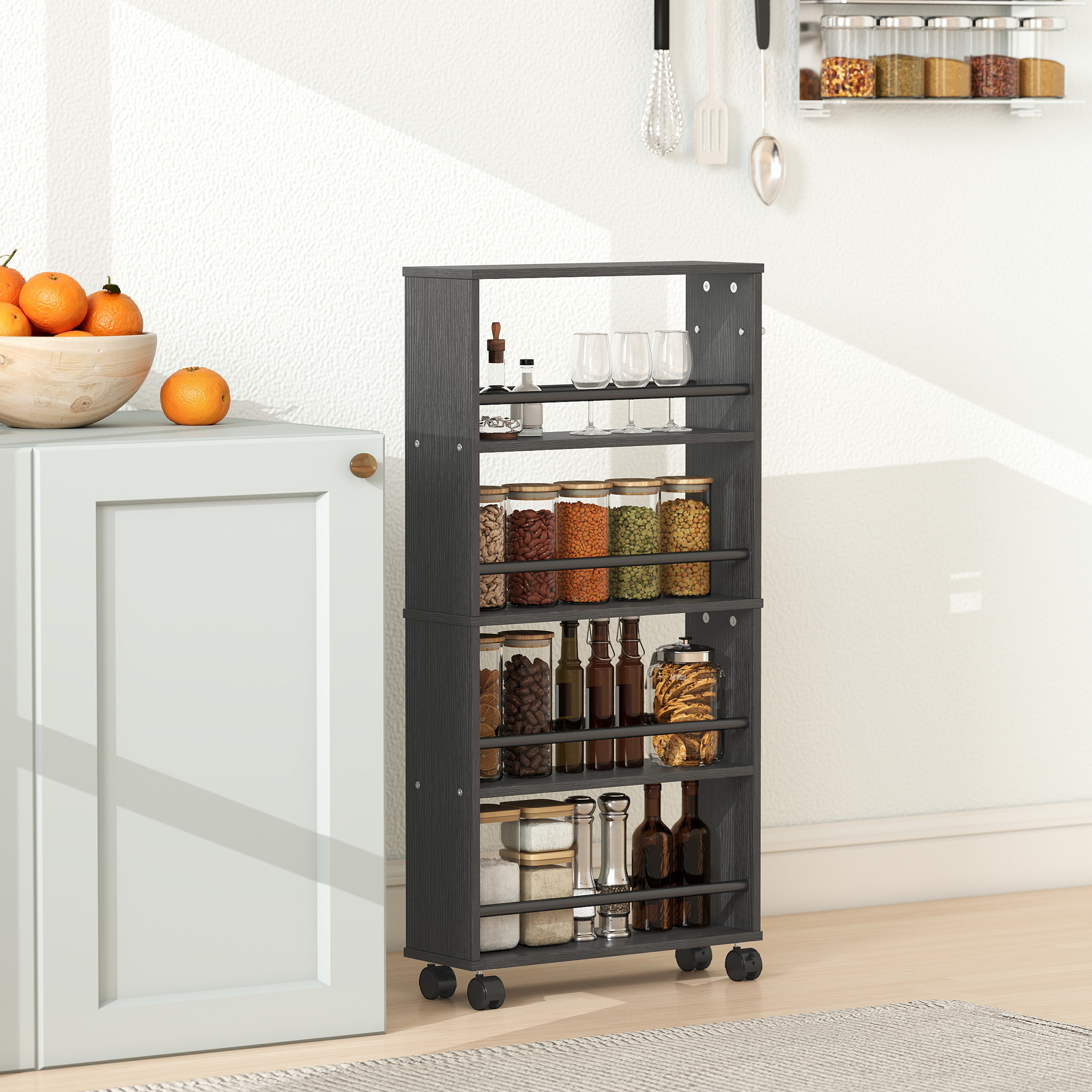 Multifunktionsregal mit Rollen, schmale Bauweise, 4 Fächer, 45x15x91 cm, Schwarz