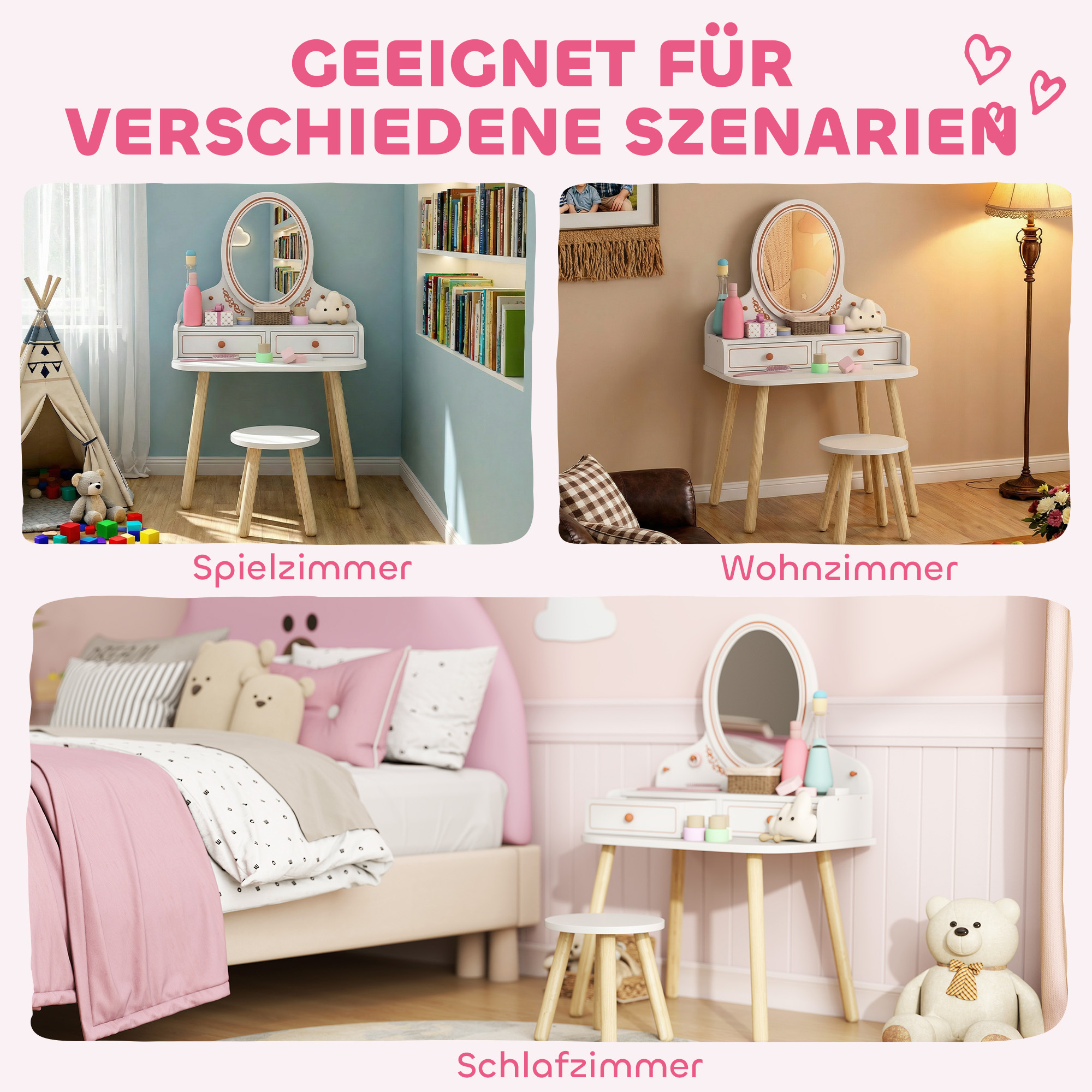 Kinder Schminktisch Set Frisiertisch mit Hocker Spiegel Schubladen Kleiderstangen für 3-8 Jahre 56 x 38 x 87,8 cm Weiß