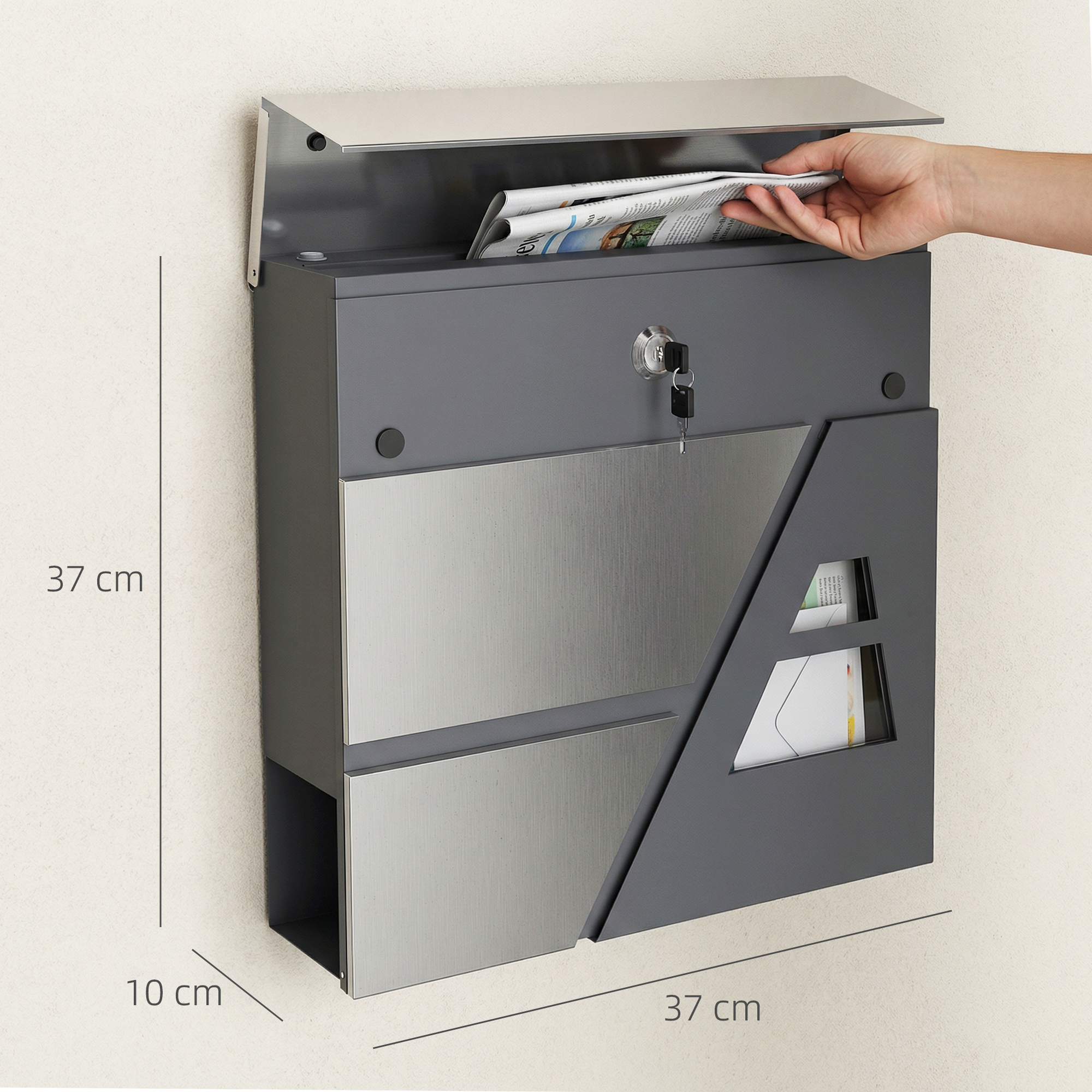 Briefkasten Wandmontage Wetterfest mit Zeitungshalter und 2 Schlüsseln für Außenwand, Dunkelgrau