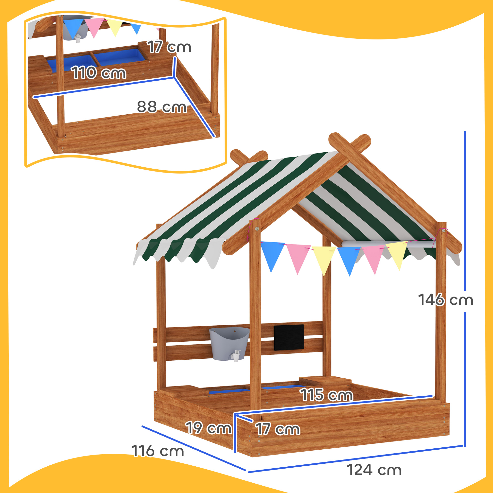Sandkasten mit Sonnenschutz, Spielhaus-Design, mit Spielzeug-Set, behandeltes Massivholz, 124 x 116 x 146 cm, Grün