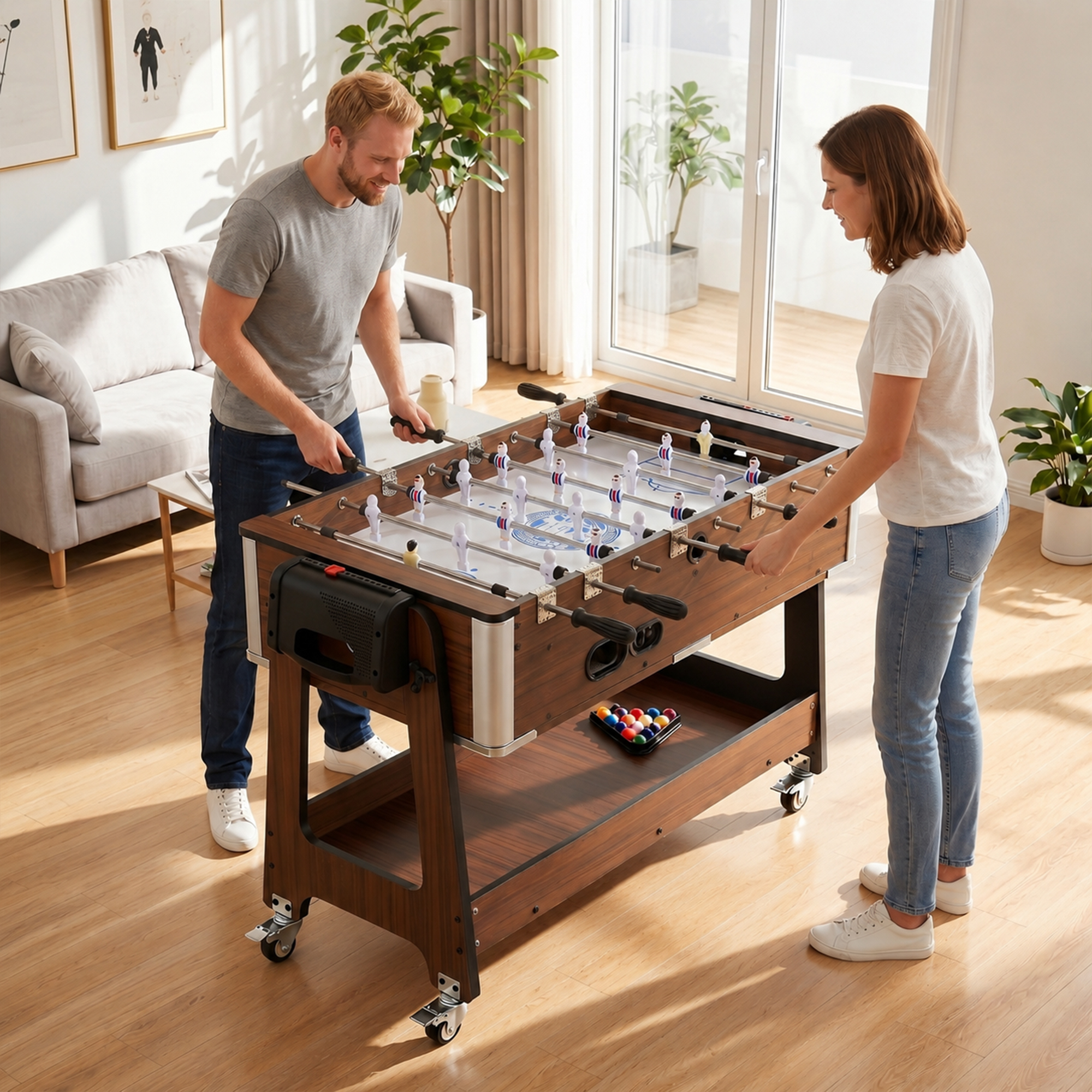 3-in-1 Multi Spieltisch drehbar Multifunktionstisch mit Billardtisch Tischfußball Airhockey Ablagefach