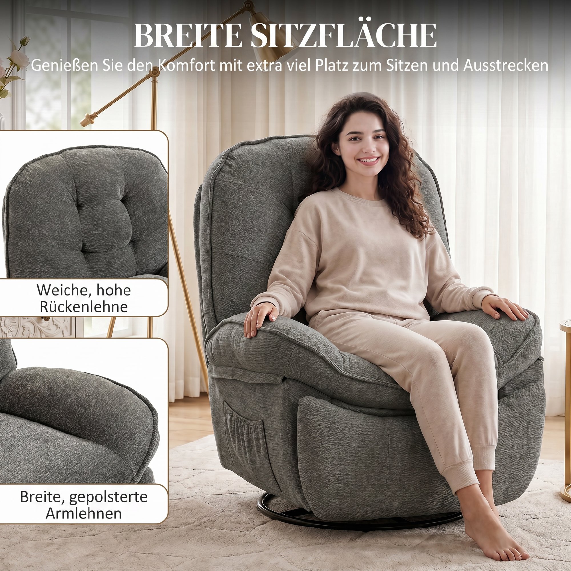 Relaxsessel Fernsehsessel mit Liegefunktion, Drehbarer Ruhesessel mit Wippfunktion, für Wohnzimmer, Schlafzimmer