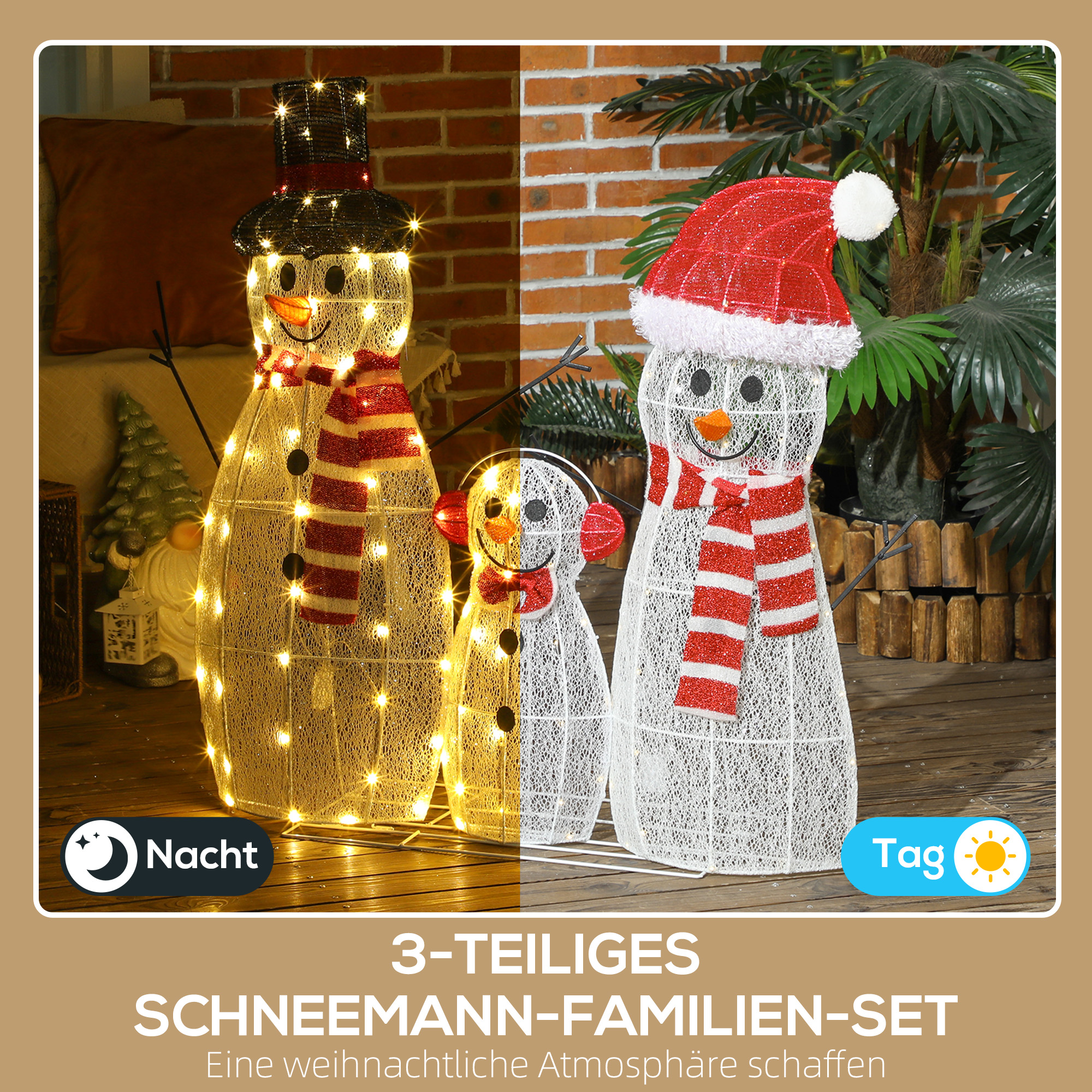 Schneemannfamilie, 148 LEDs, Weihnachtsbeleuchtung, wetterfest, glänzend, Weiß