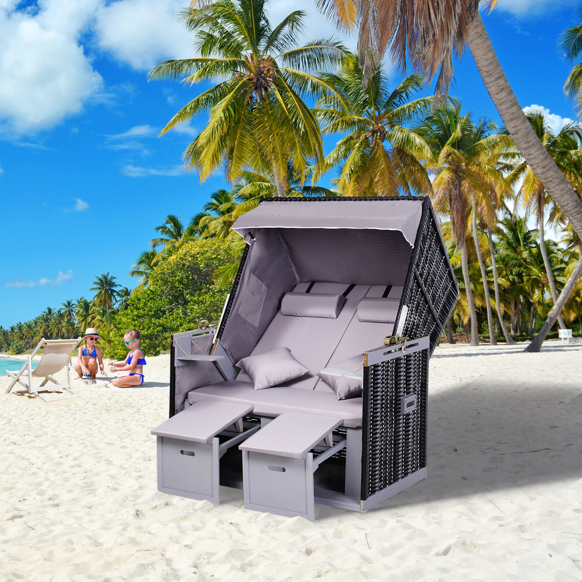 Strandkorb für 2 Personen mit neigbarer Rücklehne Grau 118 x 79 x 150cm