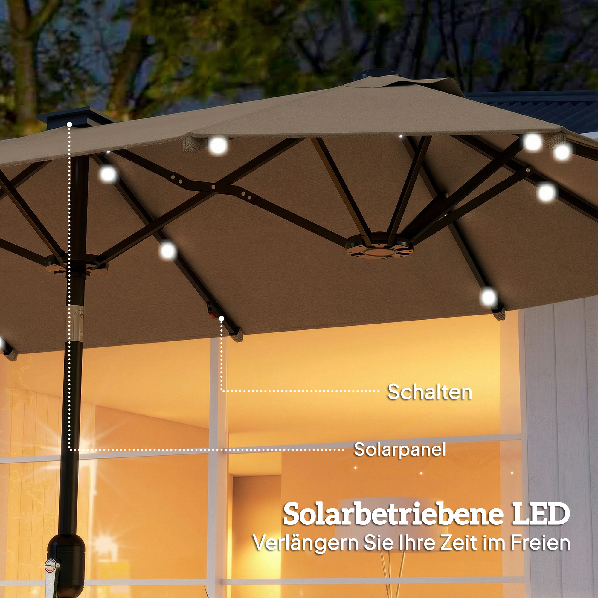 Doppelsonnenschirm 292 x 150 cm, Sonnenschirm mit mit LED-Beleuchtung Handkurbel, Knickfunktion Khaki