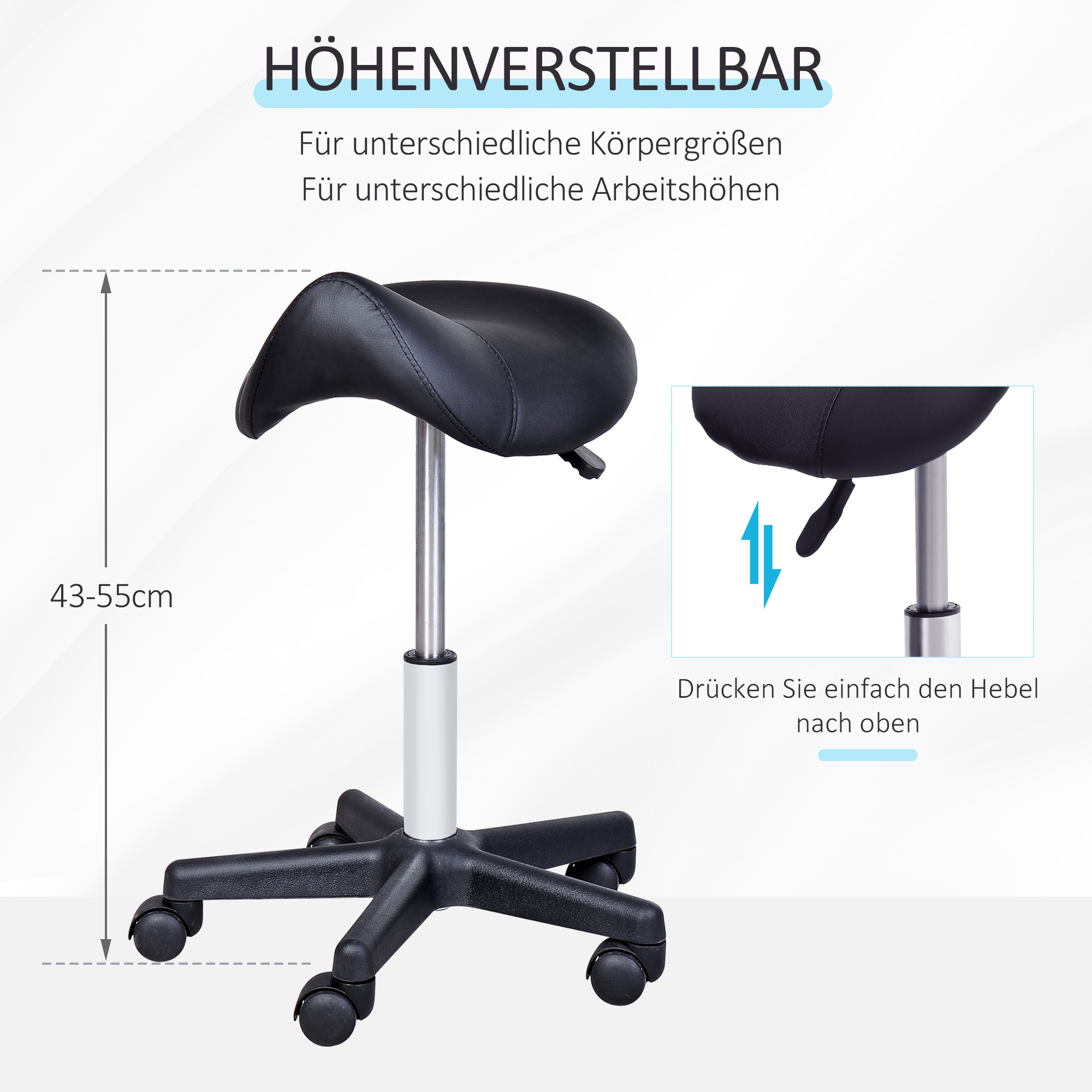 Rollhocker, sattelförmiger Sitz, höhenverstellbar, um 360° drehbar, Kunstleder, schwarz, 35 x 38 x 45-55 cm