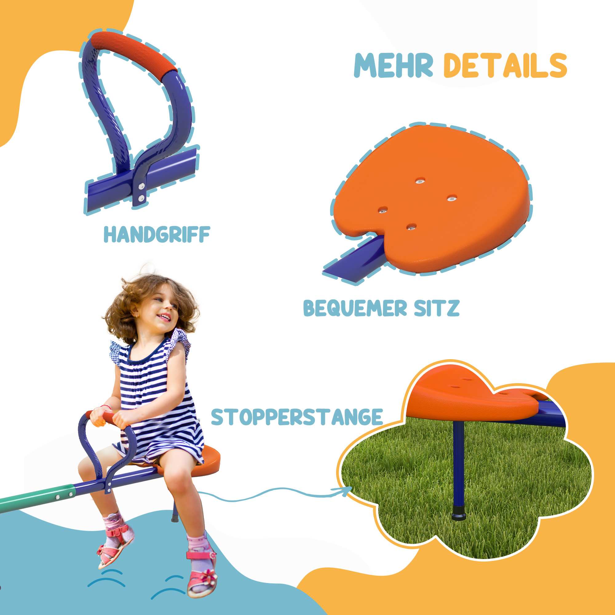 Kinderwippe 360° drehbar 2 Sitzer UV-besta?ndig Gartenwippe bis 90kg mit Griff 3-zackig Stützbeinen für Kinder 3-8 Jahre