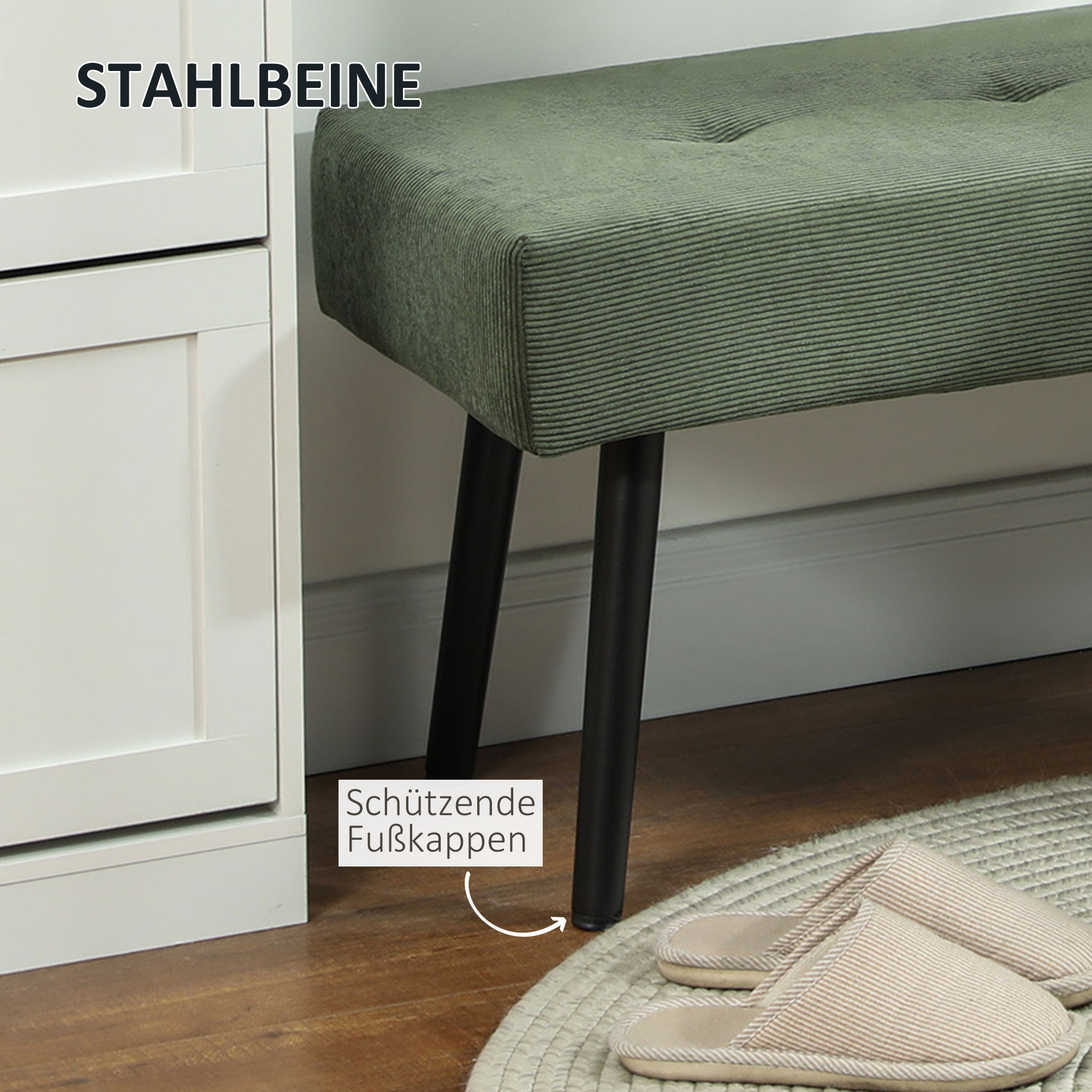 Sitzbank Polsterbank mit Cordbezug, Bettbank mit Metallbeine, Schuhbank 100 x 36 x 45 cm Grün