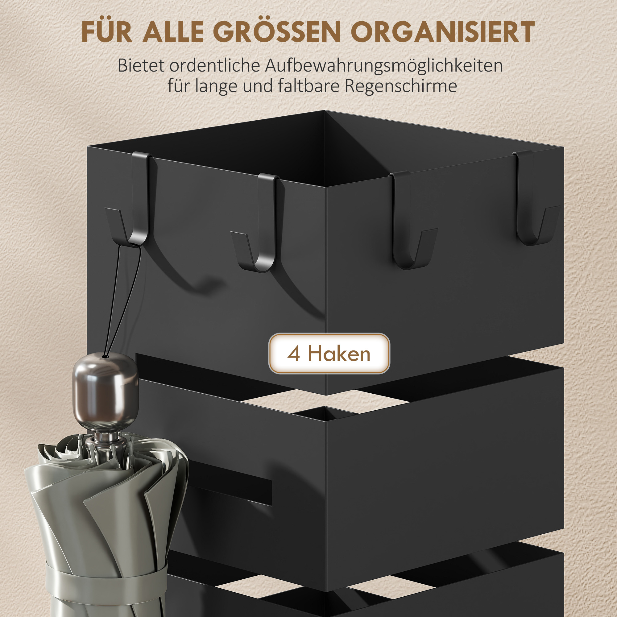 Regenschirmhalter, Metallständer für Schirme, Freistehender Schirmständer mit Haken und Tropfschale, Platz für 8 Schirme, Schwarz
