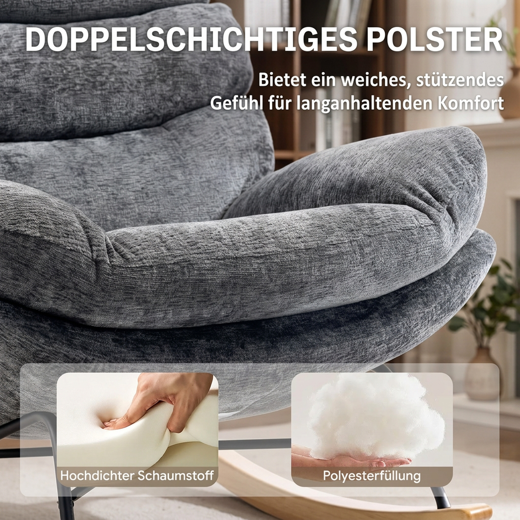 Schaukelstuhl in Chenille, Sessel zum Sitzen im Schneidersitz mit 2-Lagen-Kissen, weicher Rückenlehne, Kautschukholz-Untergestell, Dunkelgrau