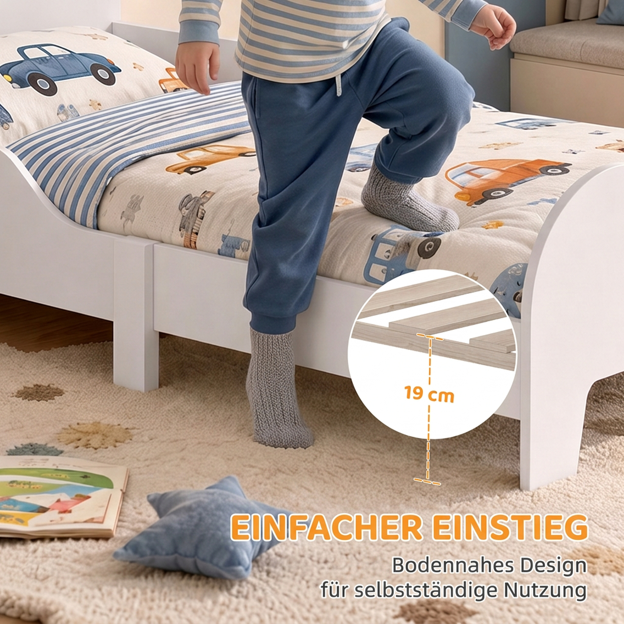 Kinderbett 140 x 70 cm Kleinkindbett mit Rausfallschutz, Lattenrost, Wolken-Design 3-8 Jahre, ohne Matratze, Weiß