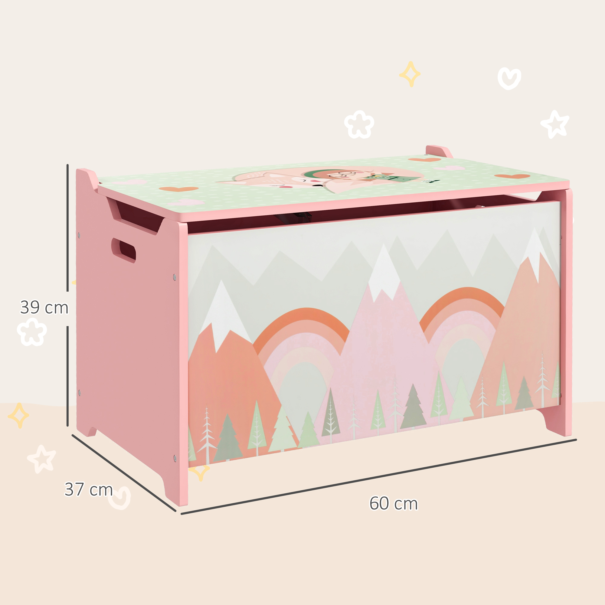 Aufbewahrungsbox mit Stauraum, Spielzeugkiste mit Deckel-Sicherheitsscharnier, niedlichem Tierdesign, 60 x 37 x 39 cm, Rosa