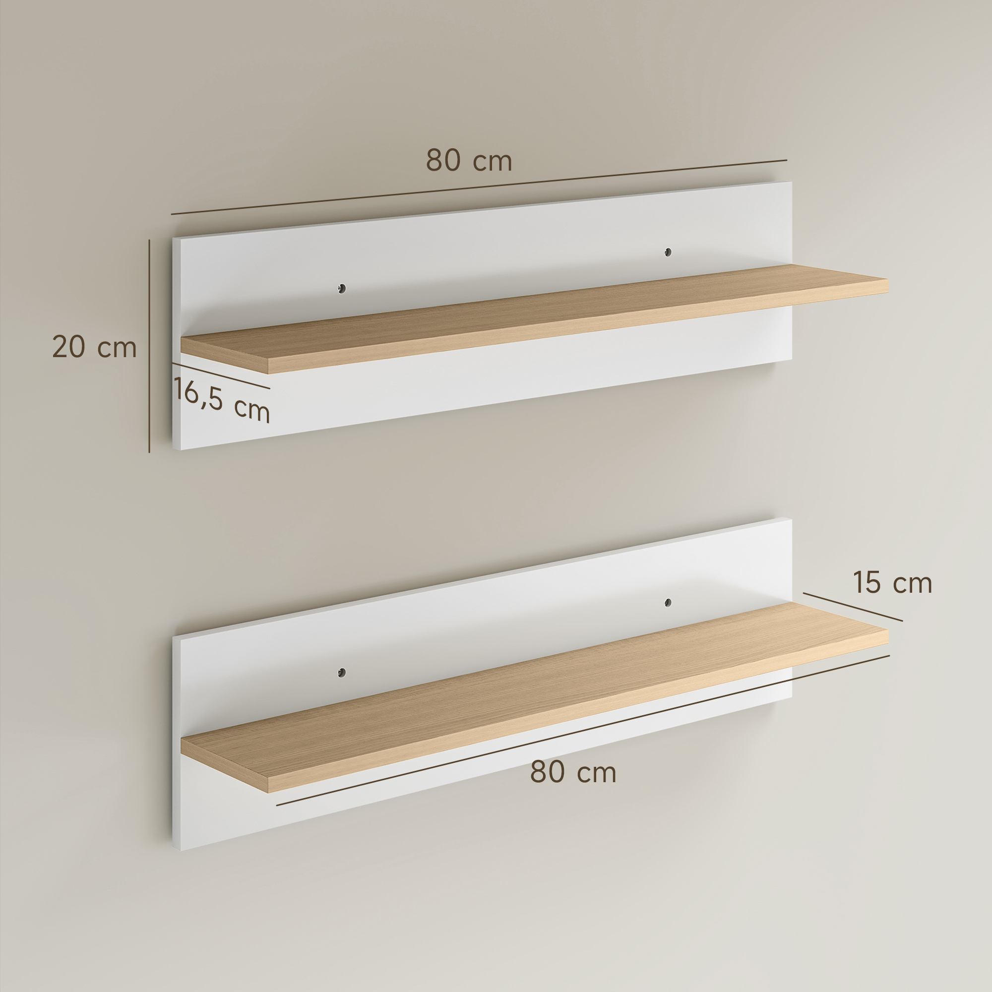Wandregal 2er-Set Schweberegal, Wandboard, Regalbrett zur Präsentation, für Küche, Wohnzimmer, Weiß+Naturholz