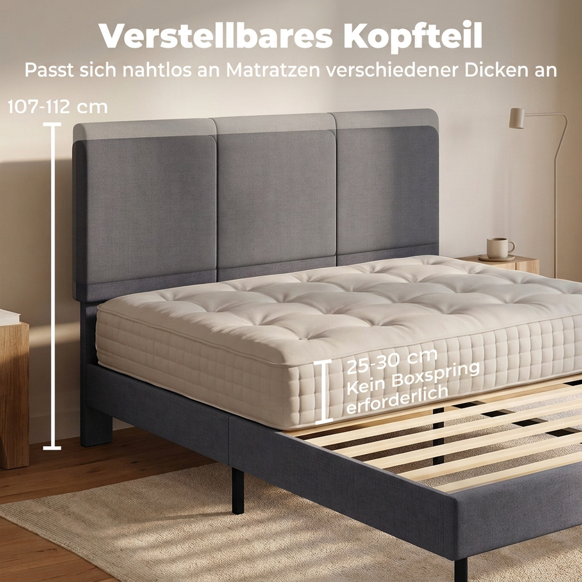 Bettgestell 140 x 200 cm mit verstellbarem Kopfteil, gepolstertes Bett in Leinenoptik mit 12 Latten
