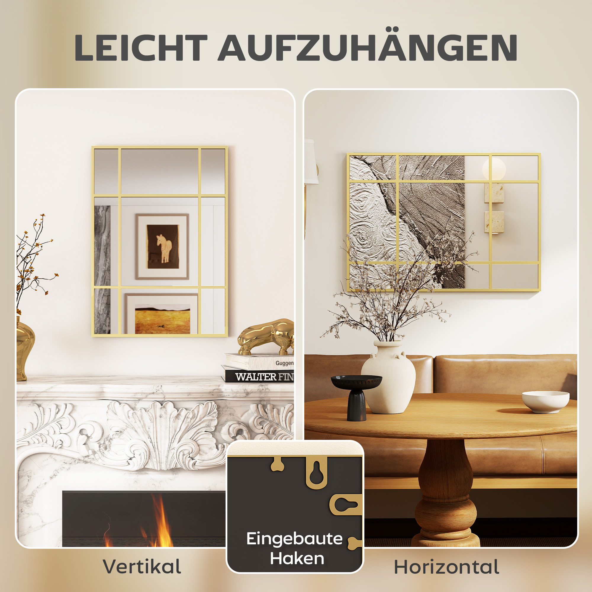 Wandspiegel, dekorativer Spiegel mit Metallrahmen, goldene Streifen, Mehrschichtglas, 50B x 2T x 70H cm