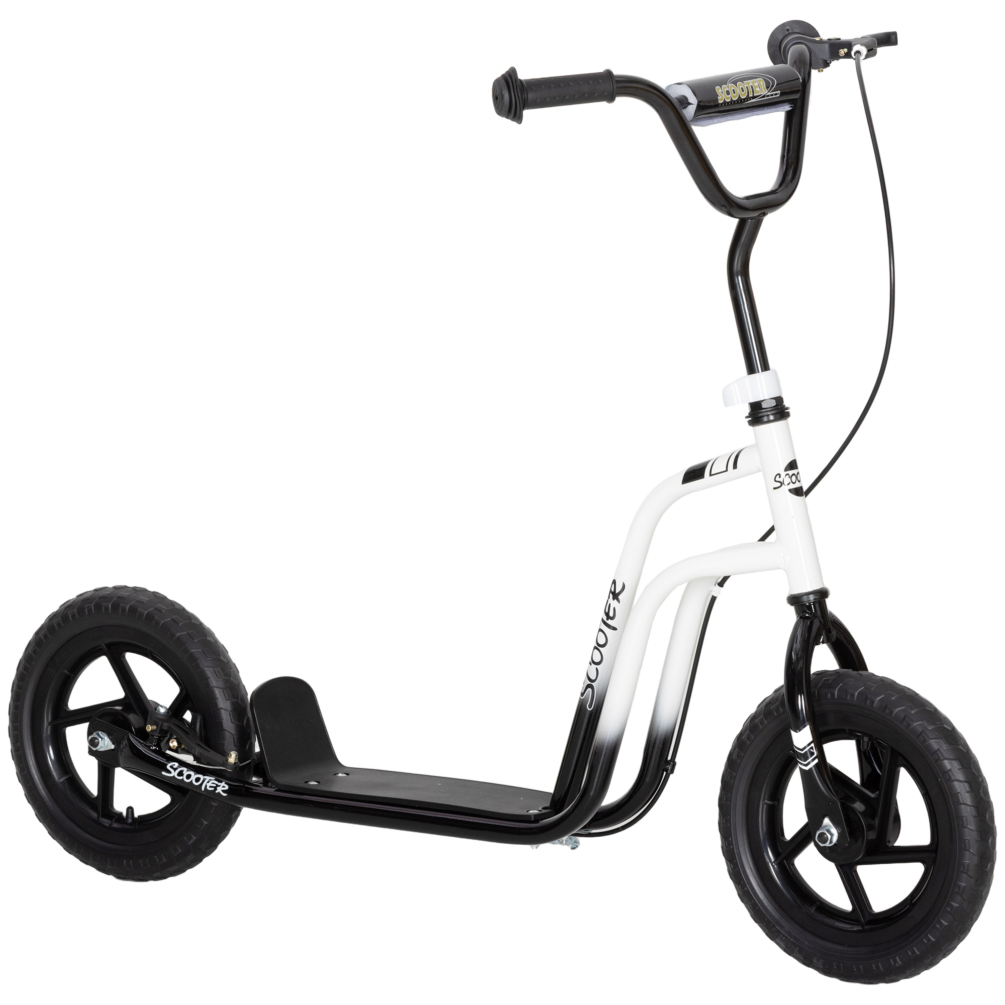 Kinderroller mit verstellbarem Lenker, große Räder, Parkständer, Handbremse, für Kinder im Alter von 5-12 Jahren, Weiß Kinderroller mit verstellbarem Lenker, große Räder, Parkständer, Handbremse, für Kinder im Alter von 5-12 Jahren, Weiß