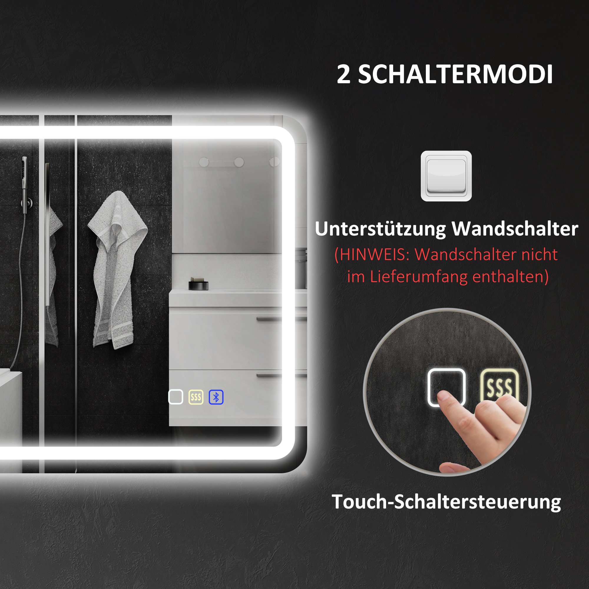 Badezimmerspiegel mit LED-Beleuchtung, Anti-Beschlags-Pad, 3 verstellbare Farben, Silberfarben