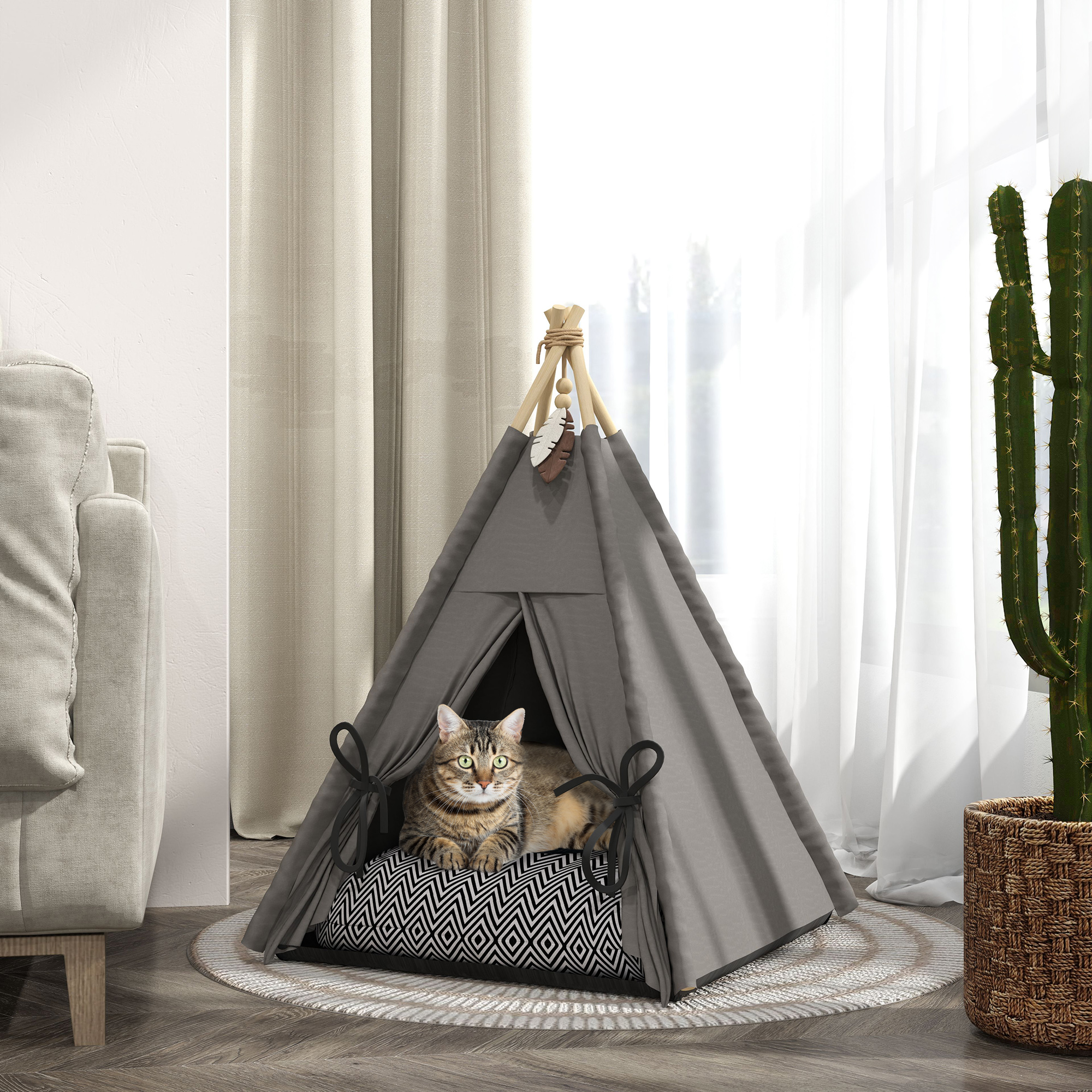 Tipi-Zelt für Haustiere, Tierbett im Tipi-Design, Katzenzelt mit Kissen, Hundebett zum Schlafen, Katzenbett, Grau