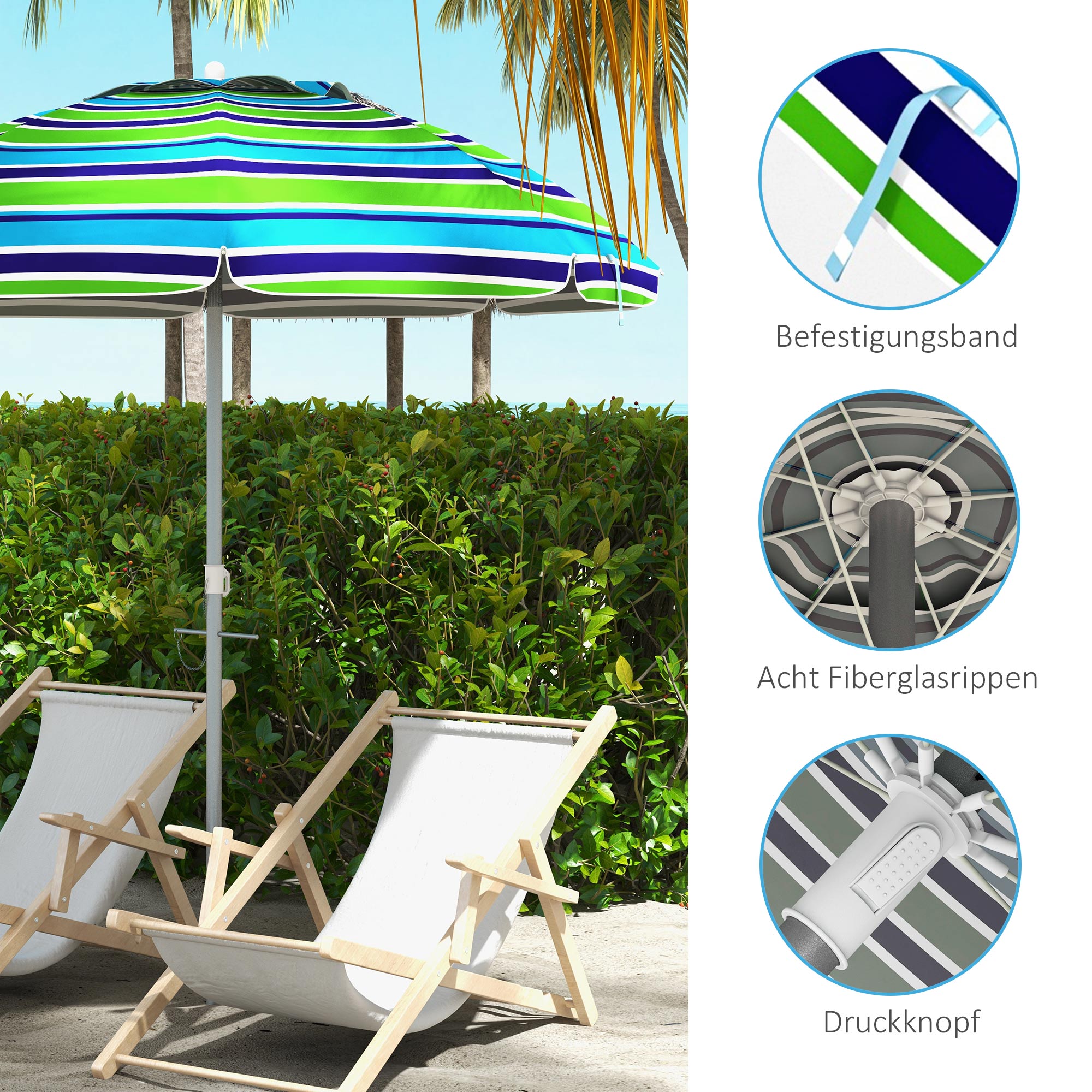 Sonnenschirm Strand Ø178 cm UV40+ windfest stabil höhenverstellbar Strandschirm mit Neigung Belüftung Tasche Mehrfarbig
