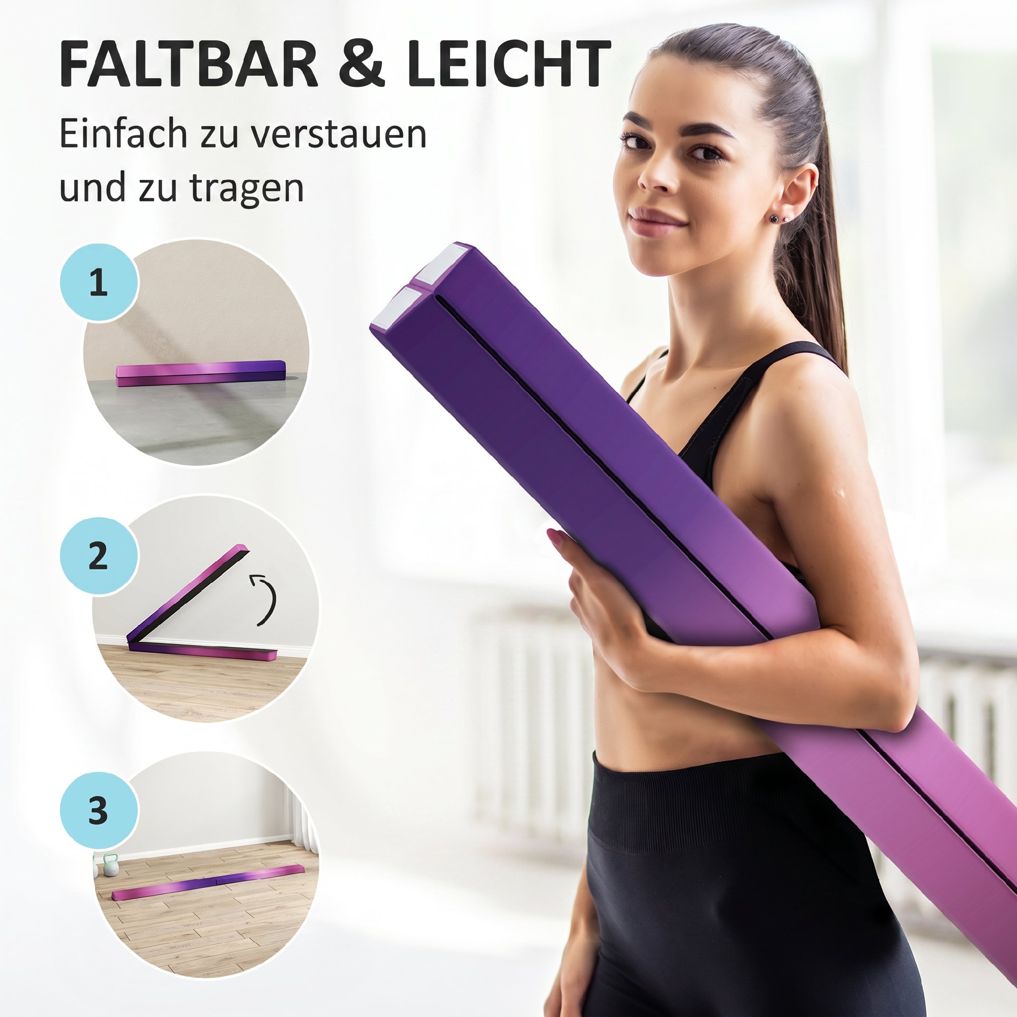 Schwebebalken 236 cm, faltbar, rutschfester Boden, für 3+ Jahre, bis 80 kg, Violett+Rosa