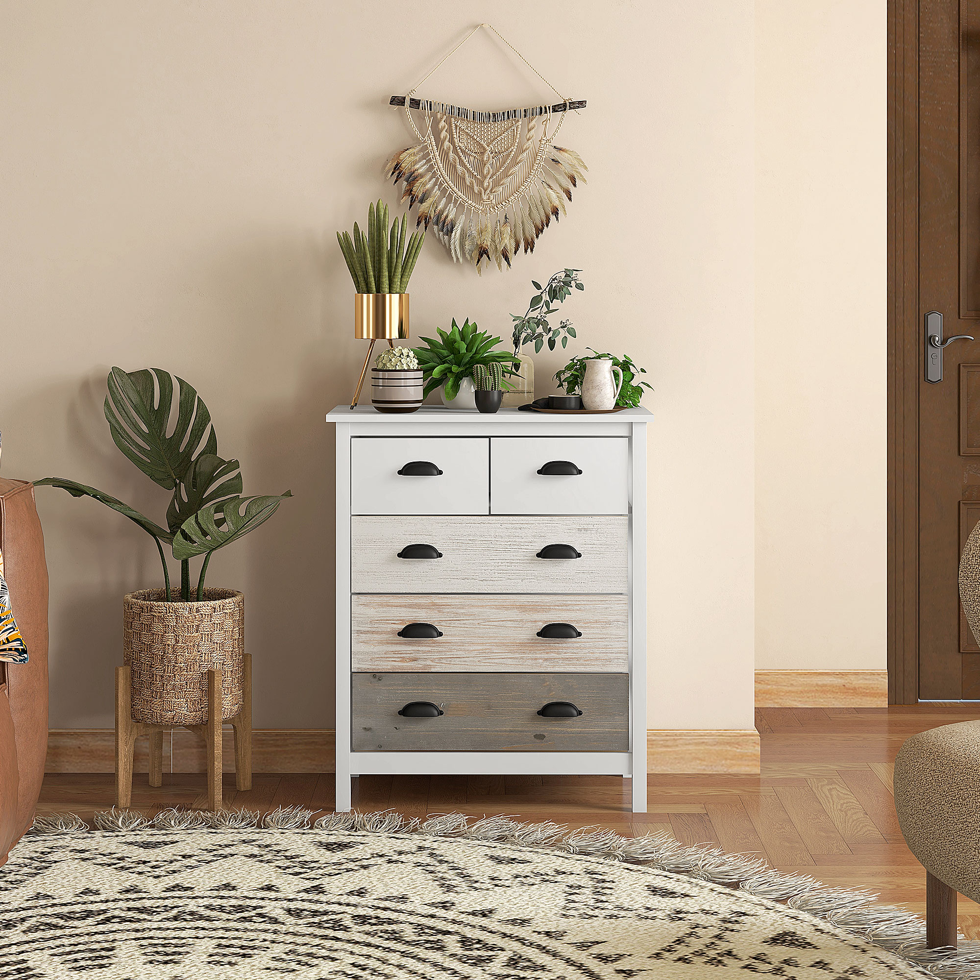 Sideboard, Kommode, 5 Schubladen, lackierte Oberfläche, MDF & Kiefernholz, 70 x 38 x 85 cm, Weiß