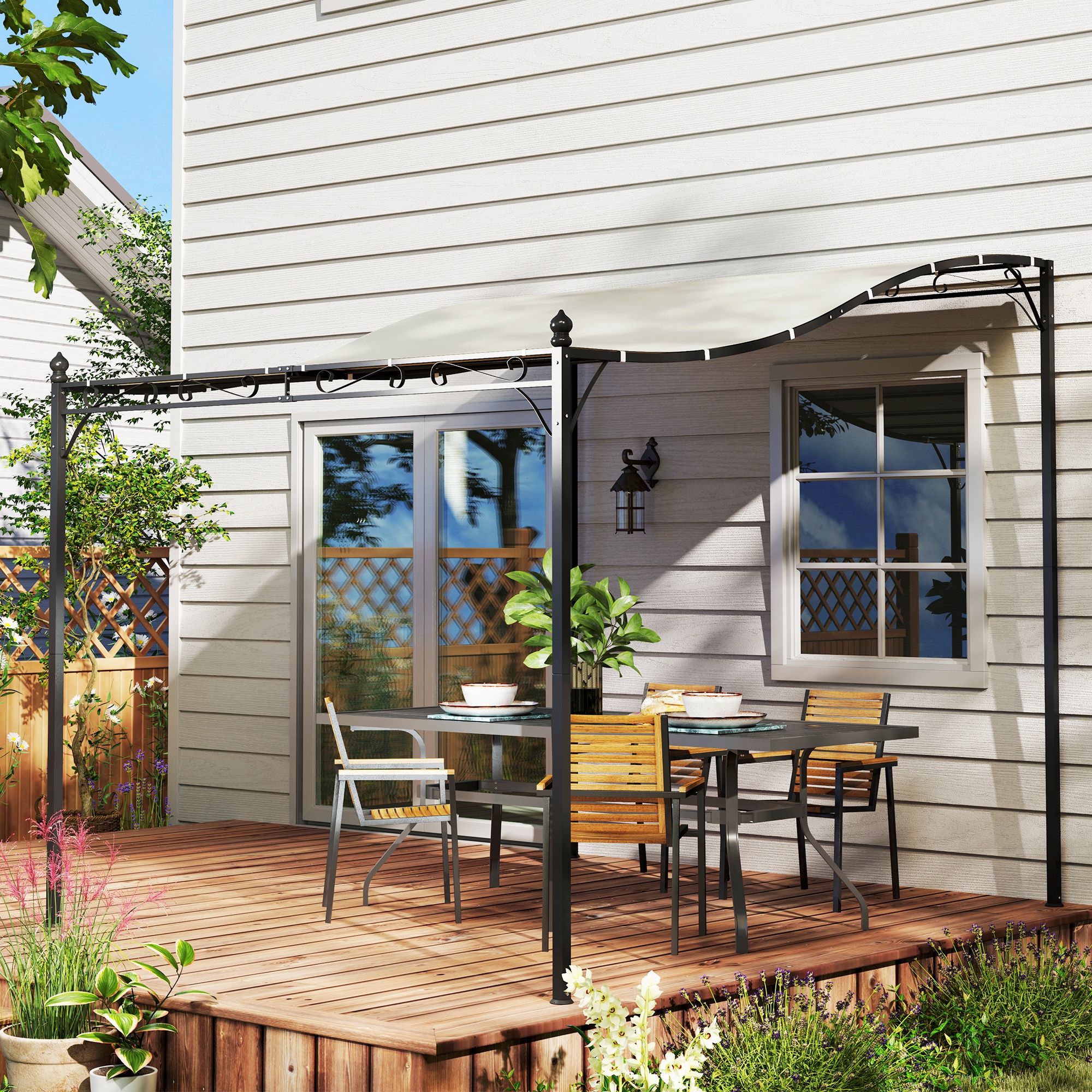 3 x 2,5 m Pergola, Wandmontierter Garten-Pavillon, wasserbeständig, Metallrahmen, Ablauflöcher, Schattendach, Cremeweiß