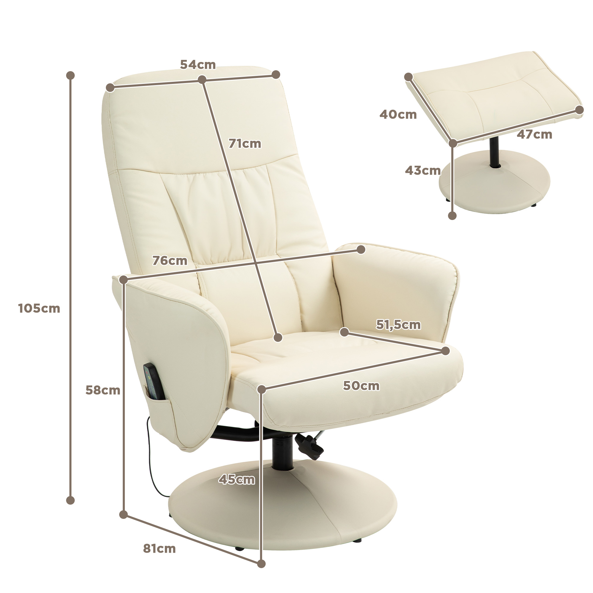 Massagesessel mit Fußhocker, Ergonomischer Stuhl mit 10 Vibrationspunkten, Kunstleder, 76 x 81 x 105 cm, Cremeweiß