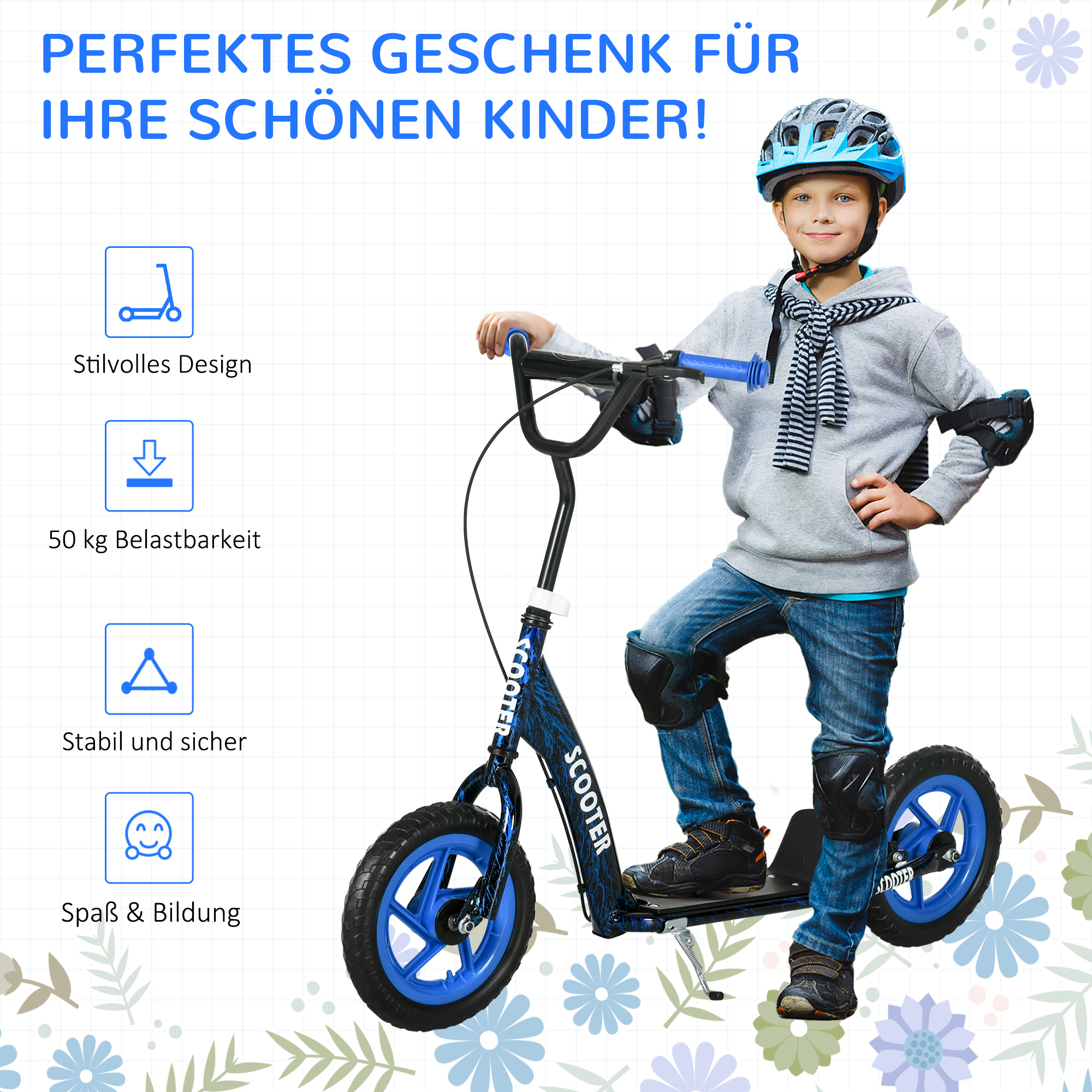 Kinderroller, höhenverstellbarer Tretroller für Kinder, mit Bremse, Ständer, 2 Räder, Stahl, Blau