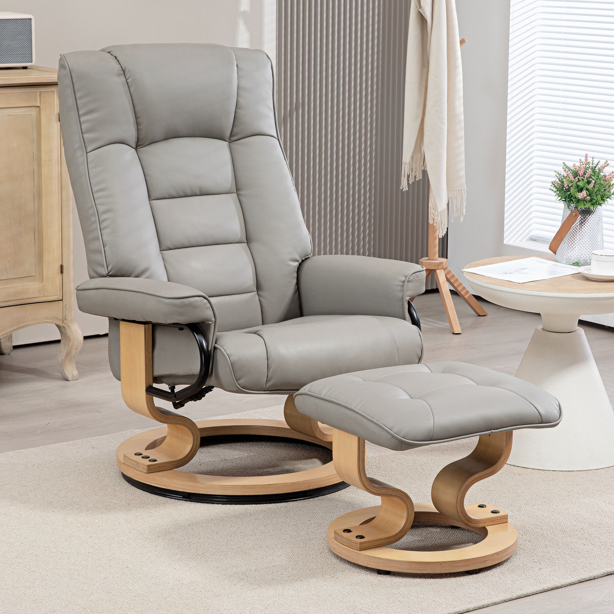 Relaxsessel mit Hocker, drehbar & neigbar, Kunstlederbezug, bis 150 kg, Holzgestell, Grau