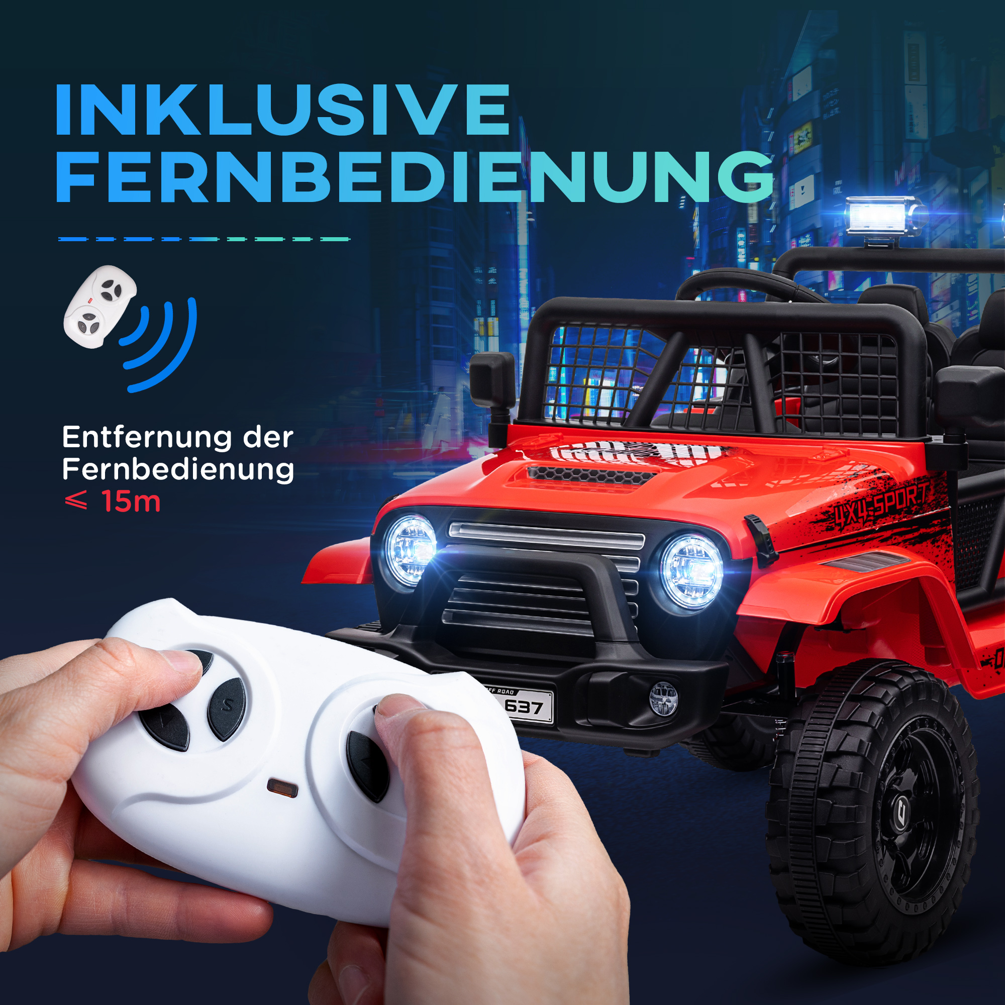 Kinder-Elektroauto mit sanfter Federung, fernsteuerbar, LED-Lichter, Hupe, 12V-Motoren, aus Kunststoff und Metall, Rot