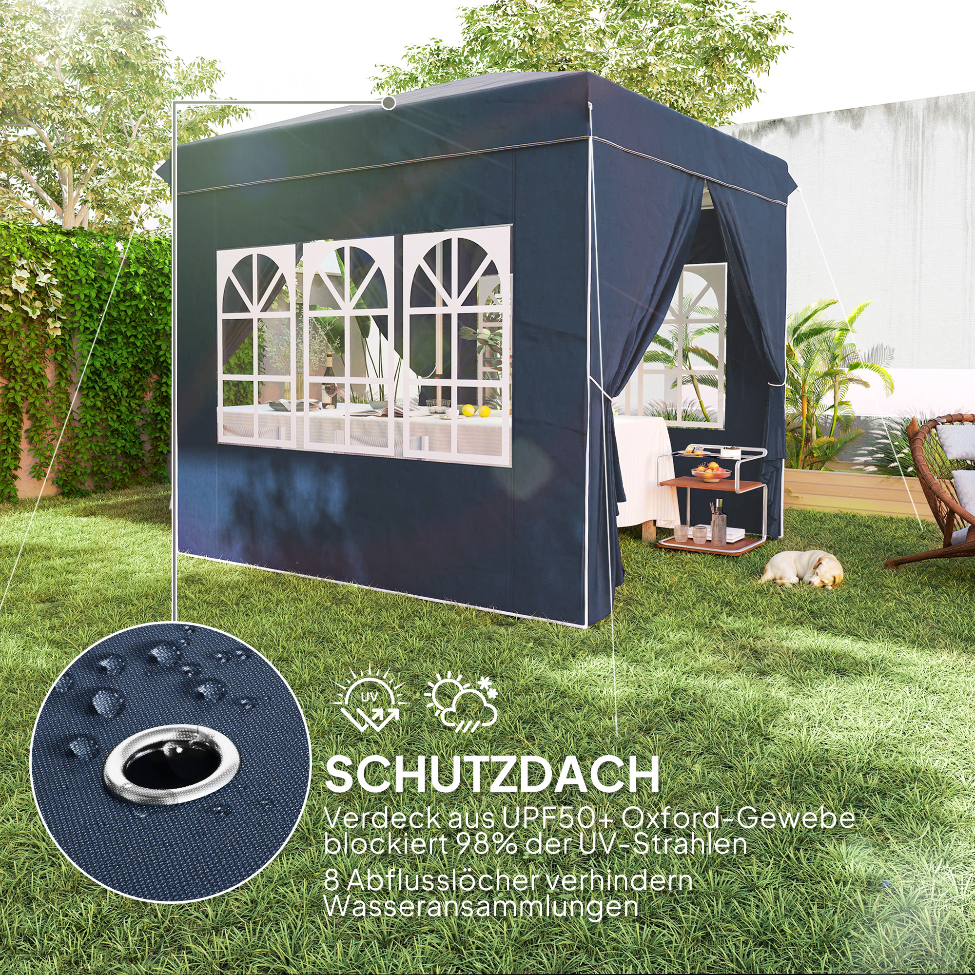 2,5 x 2,5 m Pop-up-Pavillon mit Seitenwänden und Tragetasche, UPF50+ höhenverstellbares Gartenzelt, Dunkelblau