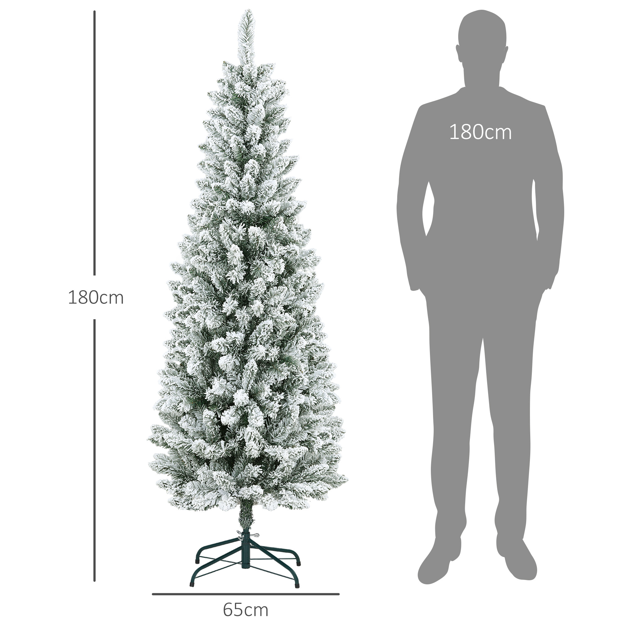 Künstlicher Weihnachtsbaum, schlanke Form, Kunstschnee, dreiteilig, flammhemmend, Metallfuß, 180 cm, Grün