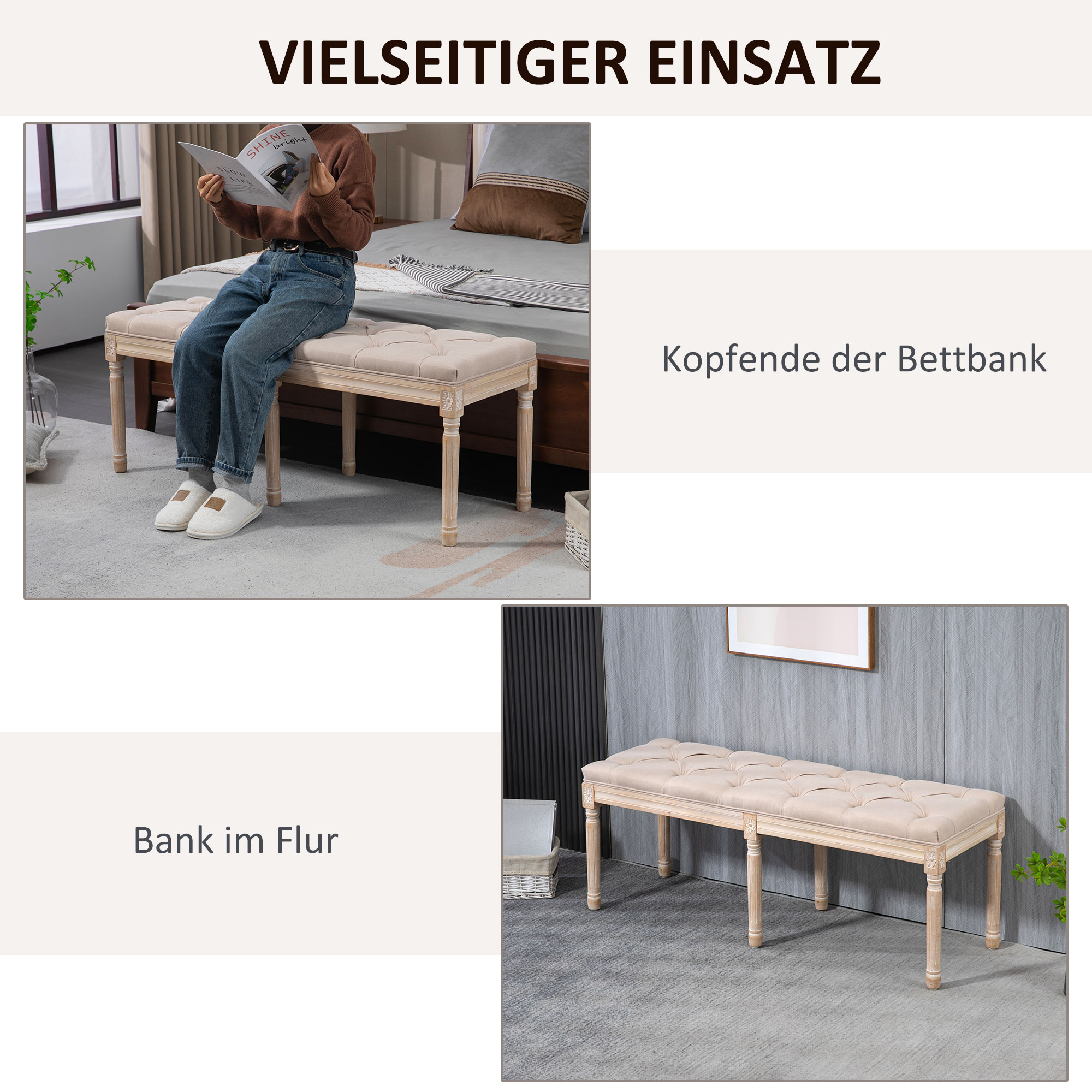 Sitzbank Vintagedesign Vintagebank, Knopfheftung, gedrechselte Beine, Shabby Chic, Creme + Weiß