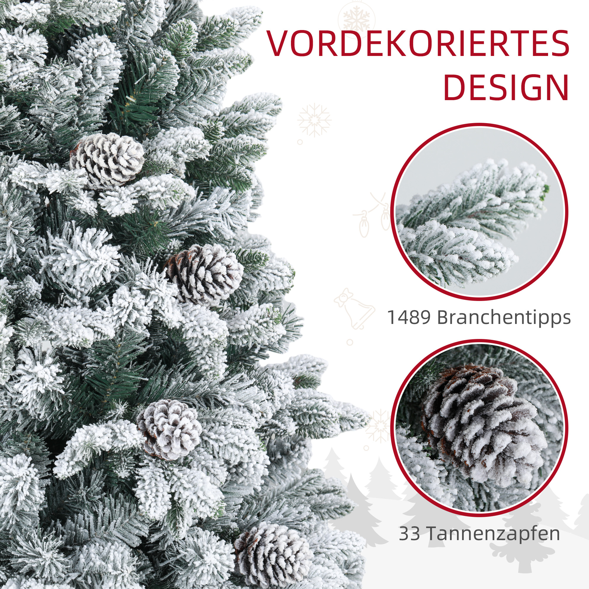 Künstlicher Weihnachtsbaum, Kunstschnee & Tannenzapfen, realistisch, flammhemmend, Metallfuß, 183 cm, Grün