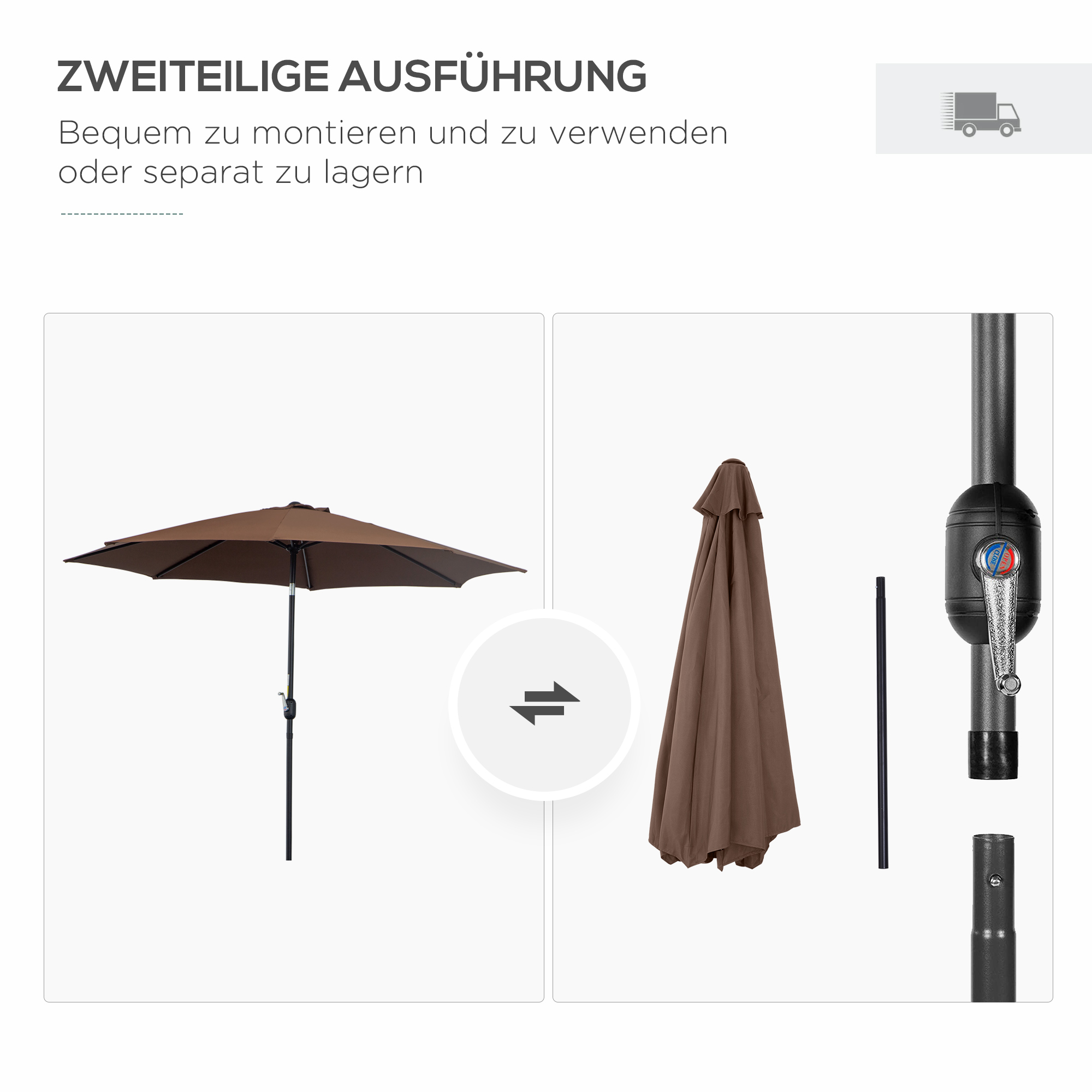 Sonnenschirm Knickschirm Gartenschirm Marktschirm mit Handkurbel Stahl 180/m² Polyester Braun Ø2,95 x 2,5 m
