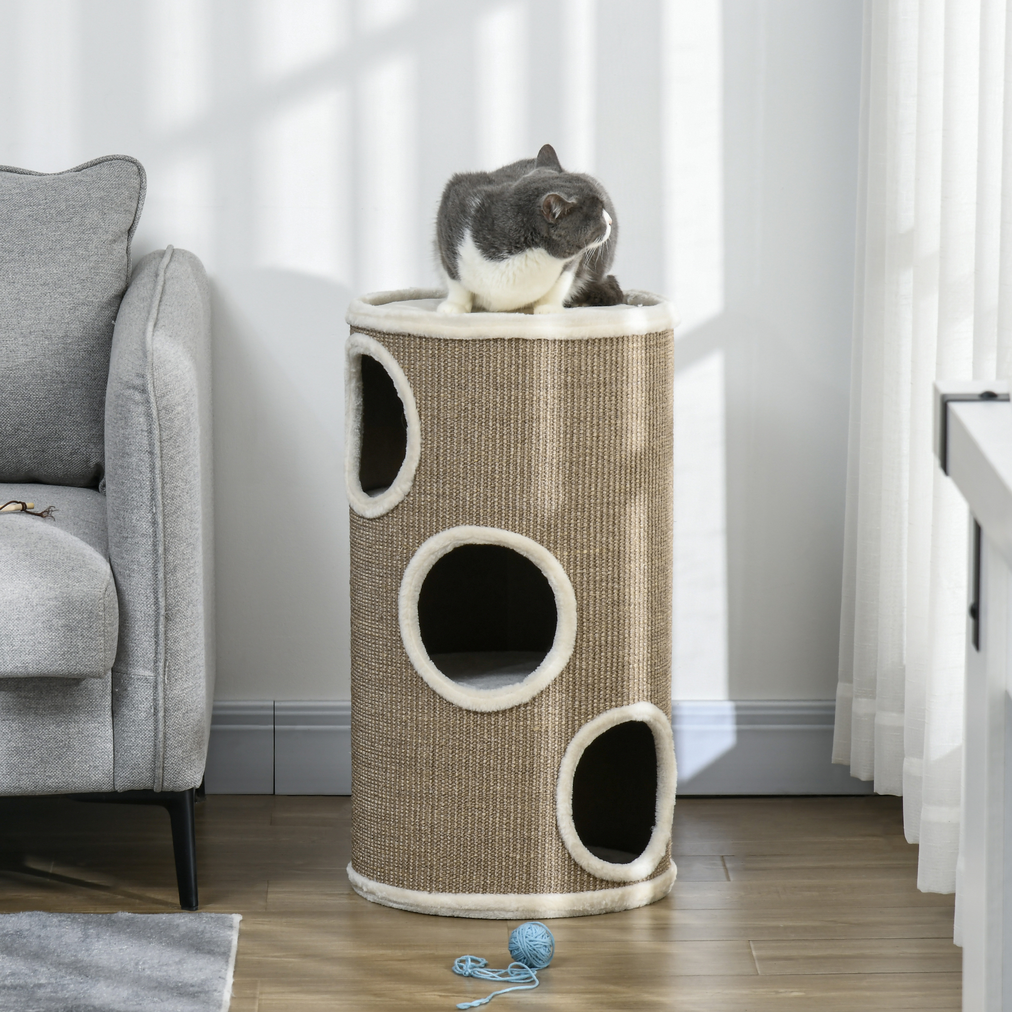 Katzen Kratztonne, weicher Plüsch, Sisal-Kratzteppich, robust, Ø38 x 70H cm, Braun