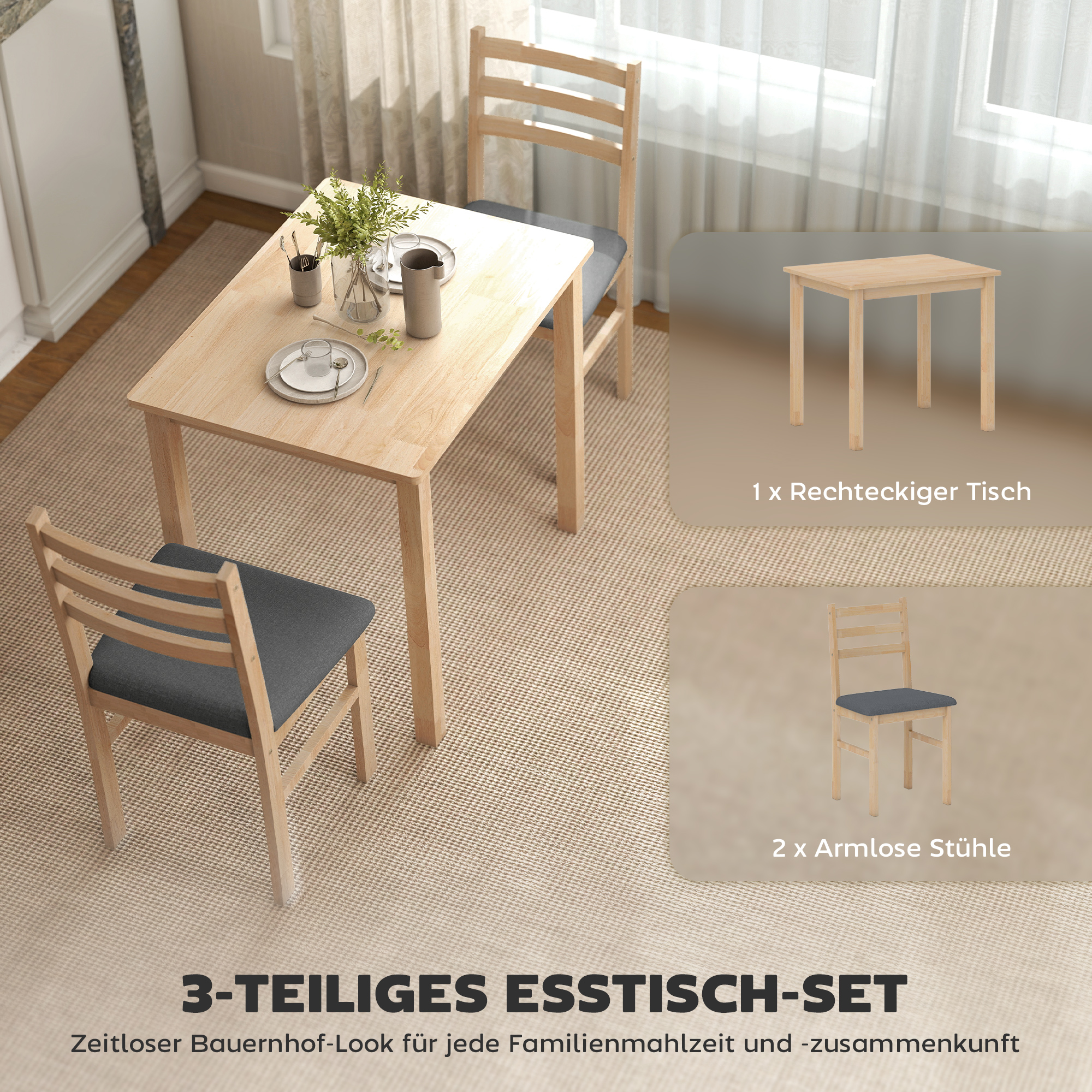 3-teiliges Esstisch-Set mit 2 Stühlen, Küchentisch für kompakte Räume, gepolsterte Stühle, platzsparend, MDF, Naturholz