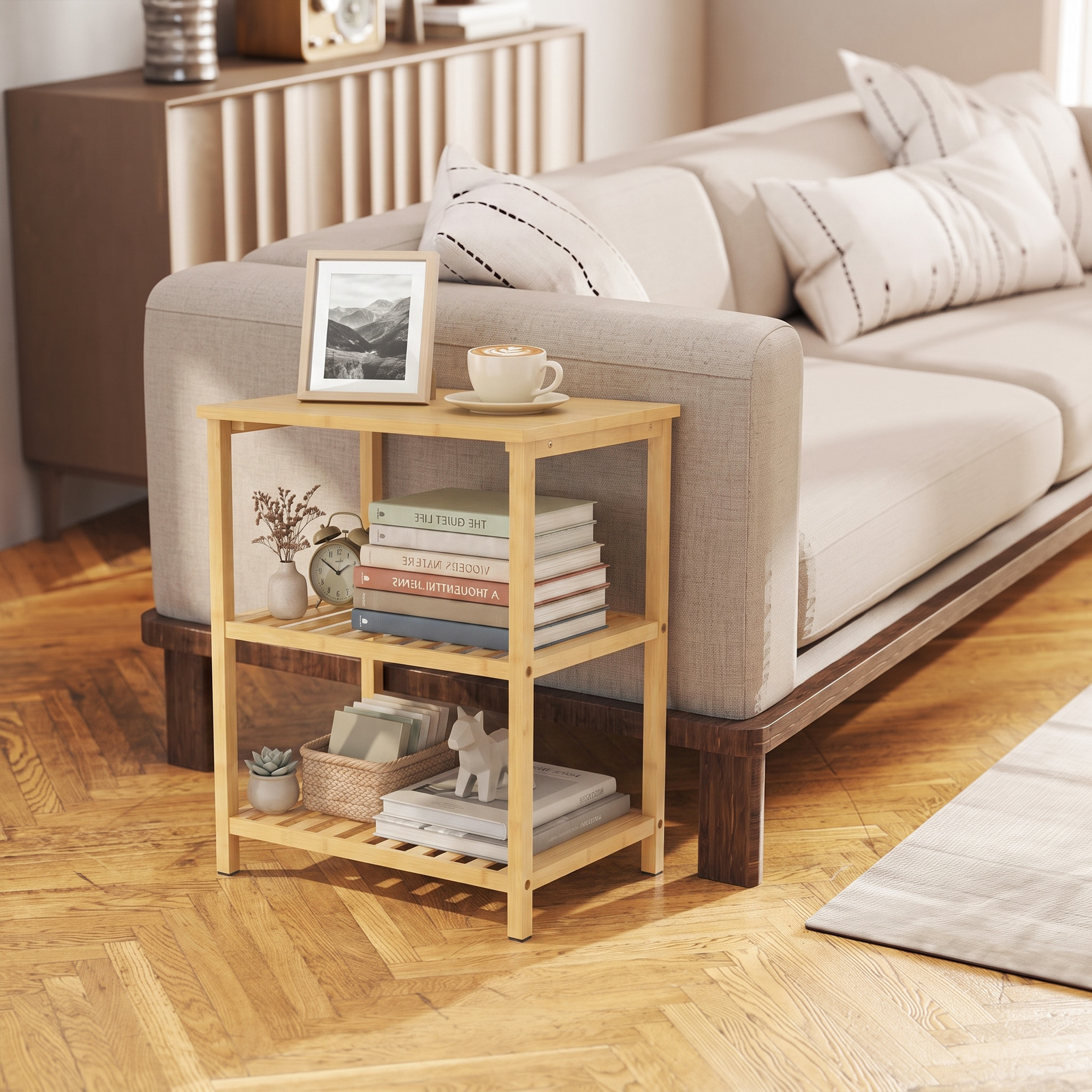Beistelltisch aus Bambus, 3 Ebenen mit Lamellenböden, für kleine Räume, Wohnzimmer & Schlafzimmer, Natur