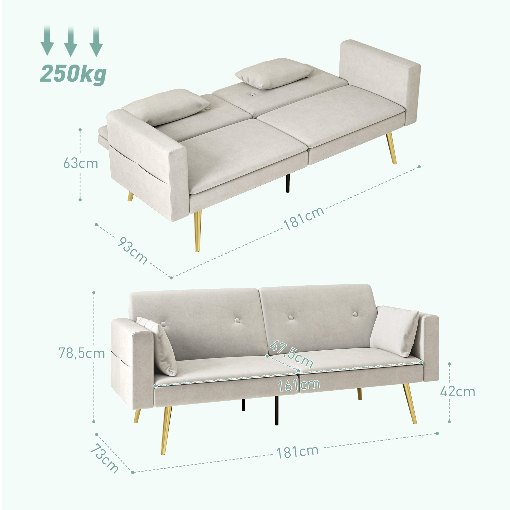 2-Sitzer Bettsofa, Verstellbare Rückenlehne, weiche Kissen, samtartiger Bezug, für Wohnzimmer, Gästezimmer, Beige