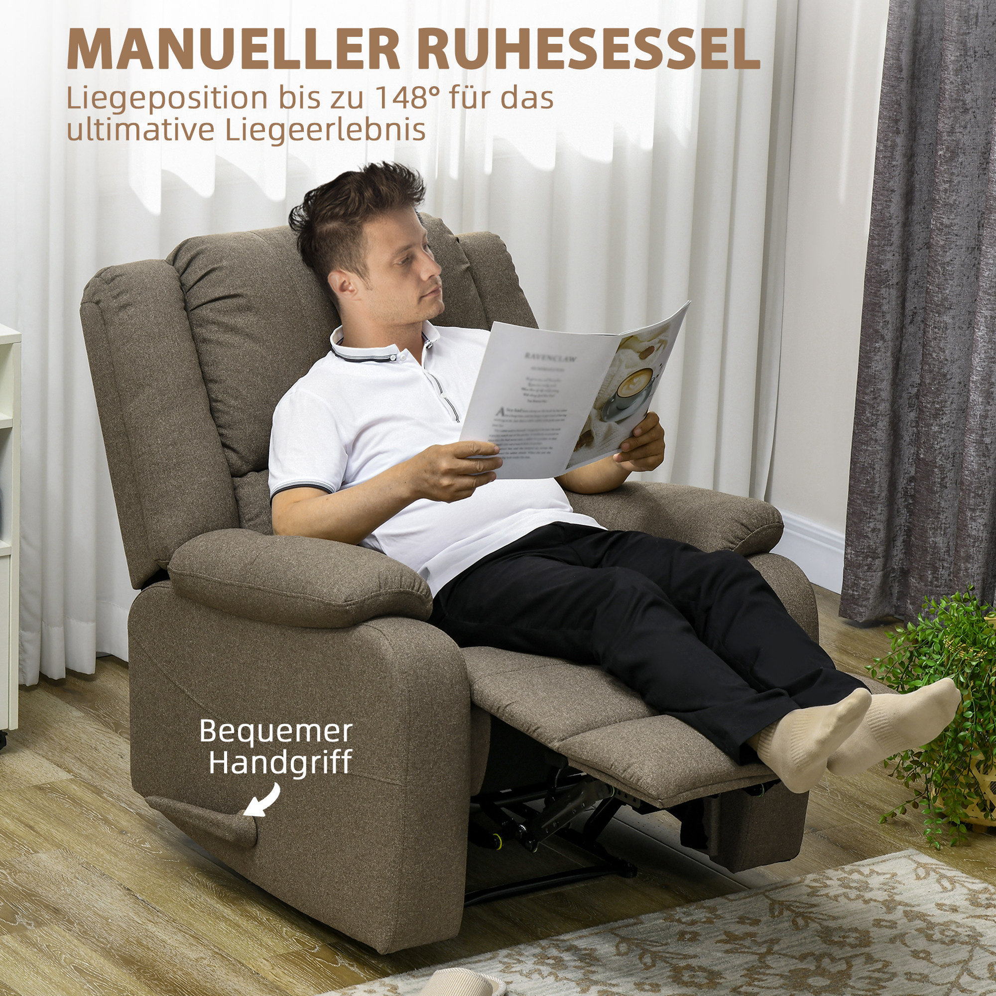 Relaxsessel, Liegefunktion und Fußstütze, verstellbar, bis 150 kg, Stahlrahmen, 90 x 96 x 98 cm, Braun
