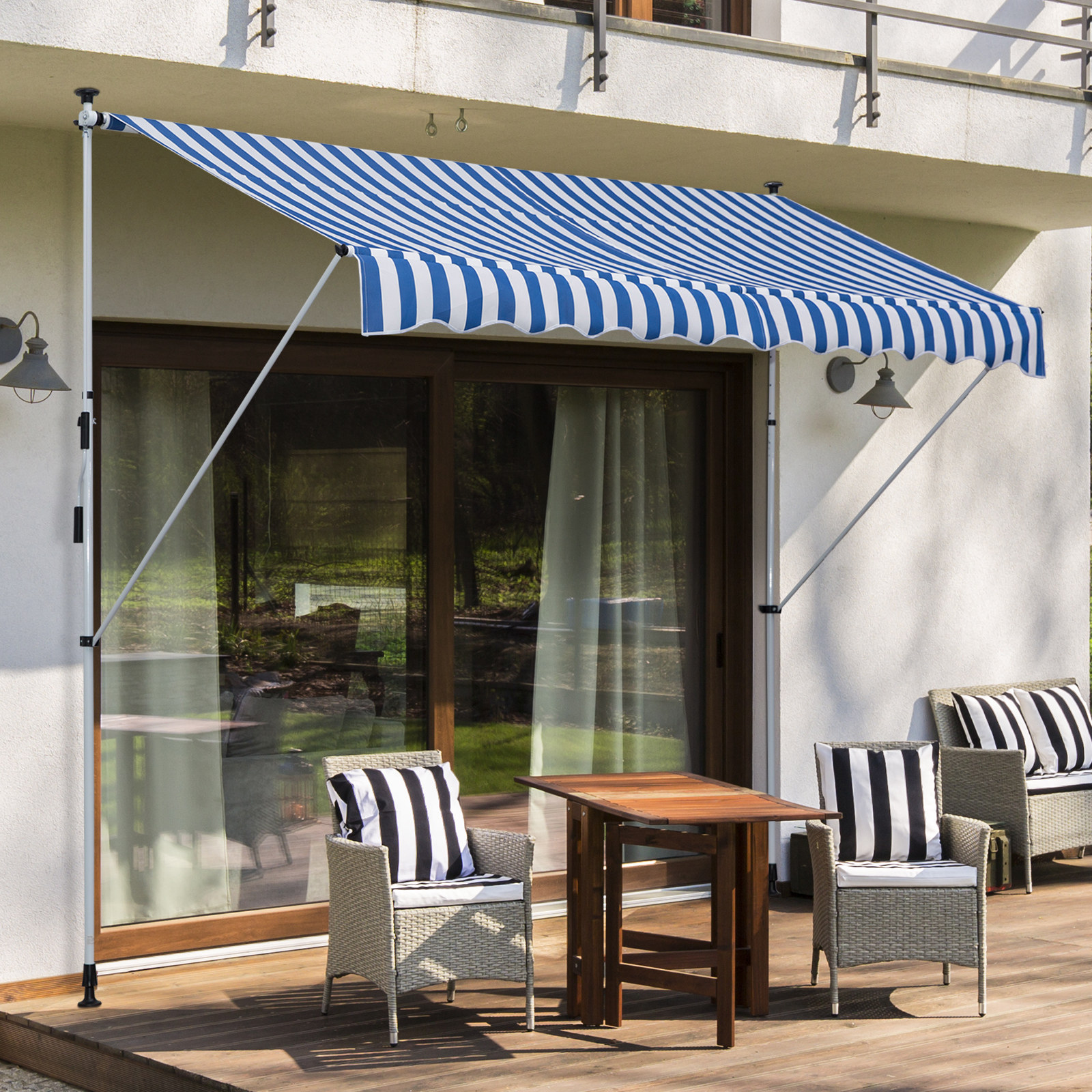 Klemmmarkise mit Handkurbel höhenverstellbar Gelenkarmmarkise schmutzabweisend, witterungsbeständig Balkonmarkise 150cm breit Terrassenmarkise für Terrasse Balkon Veranda Blau+Weiß