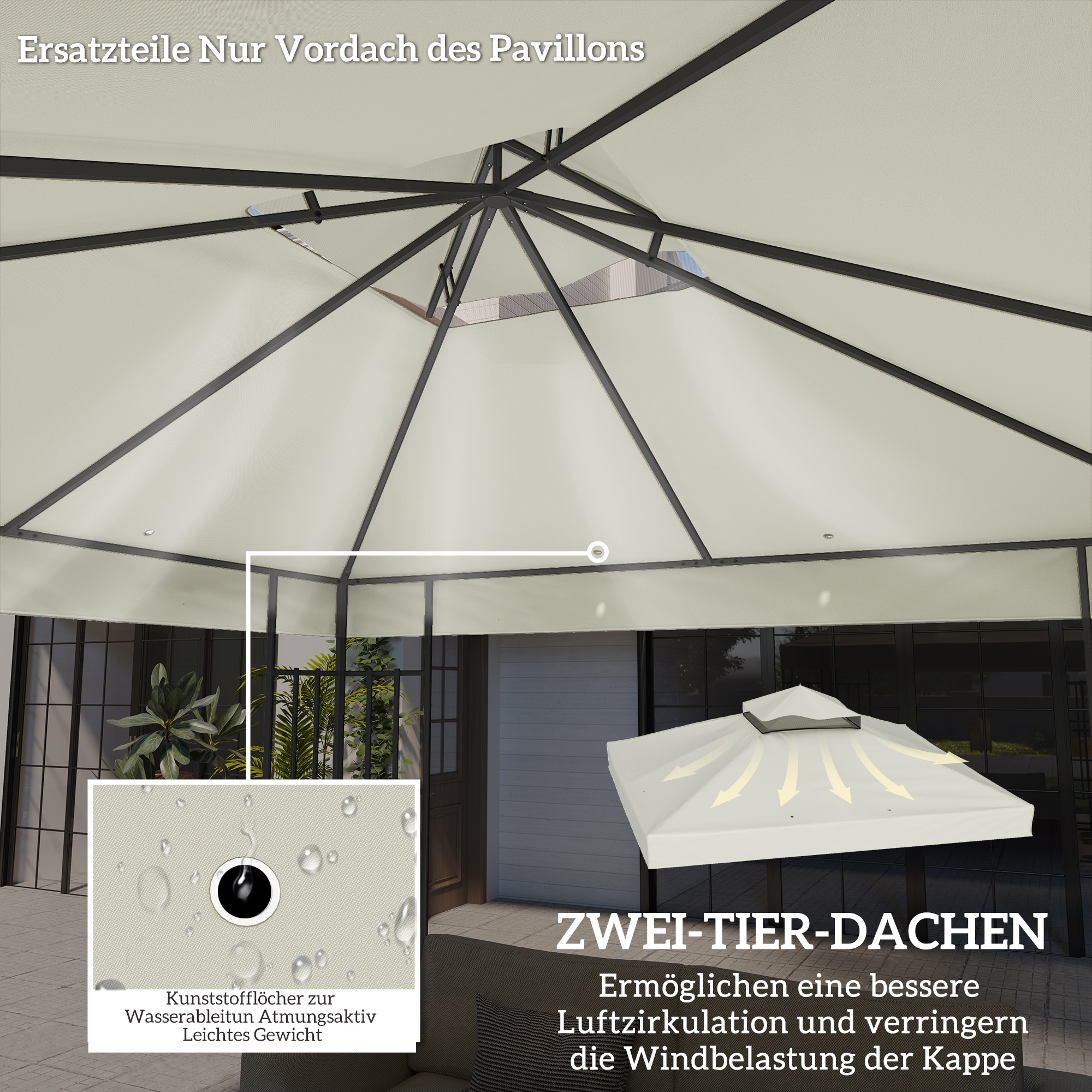 3 x 3 m Ersatzdach für Pavillon, Pavillon-Ersatzplane mit Wasserablauf-Löchern, UPF30+, Sonnenschutz, Hellgrau