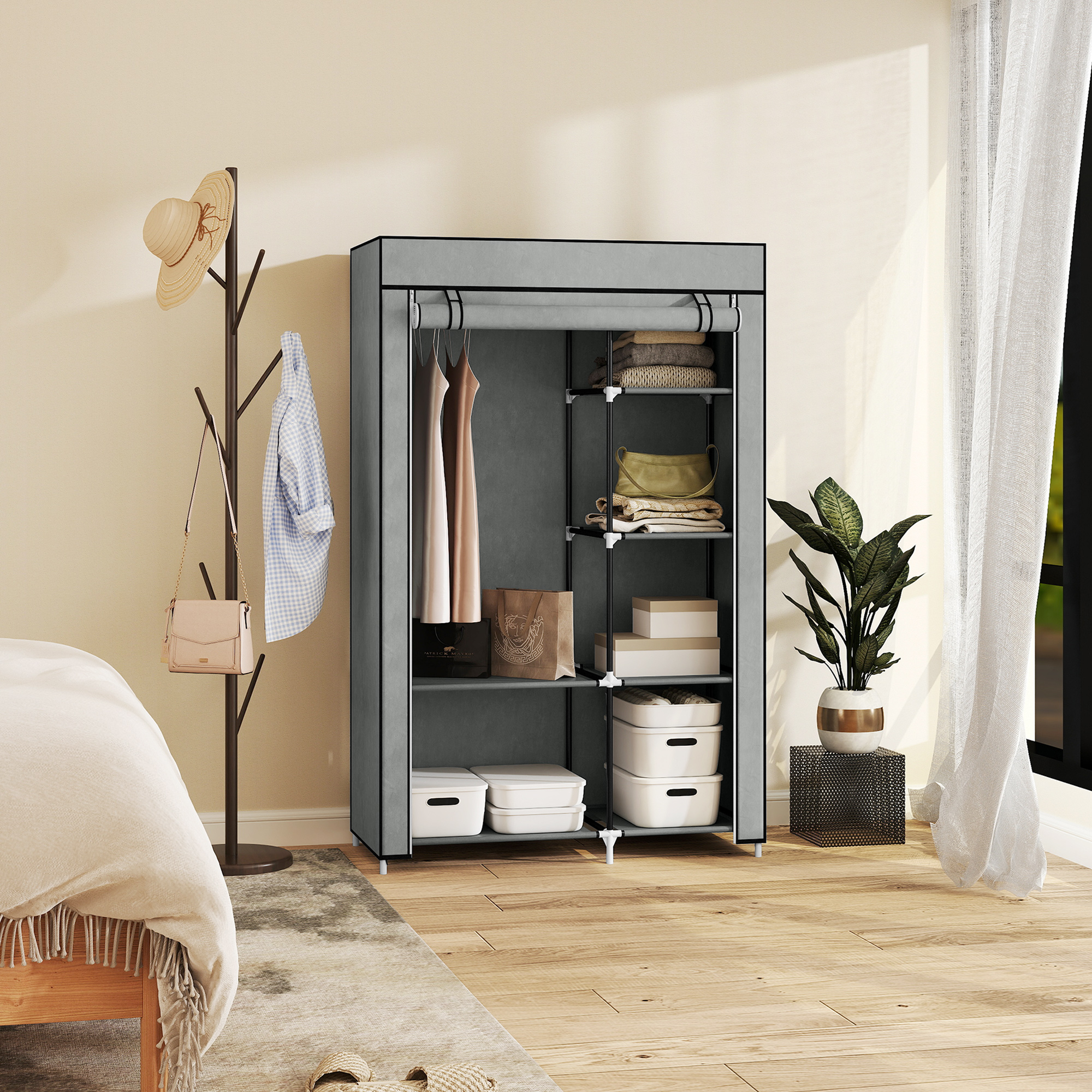 Schrank aus Stoff, Aufbewahrungslösung, 6 Regale, 1 Kleiderstange, Hellgrau
