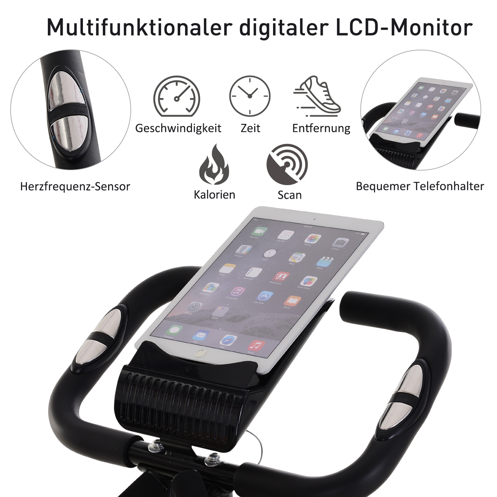 Heimtrainer X-Bike 2-in-1 Fahrradtrainer mit LCD-Display,Pulsmesser, klappbarer Hometrainer Trimmrad mit 8 stufig Magnetwiderstand, 1 Paar Spannseil, Stahl Schwarz 105x48x118 cm