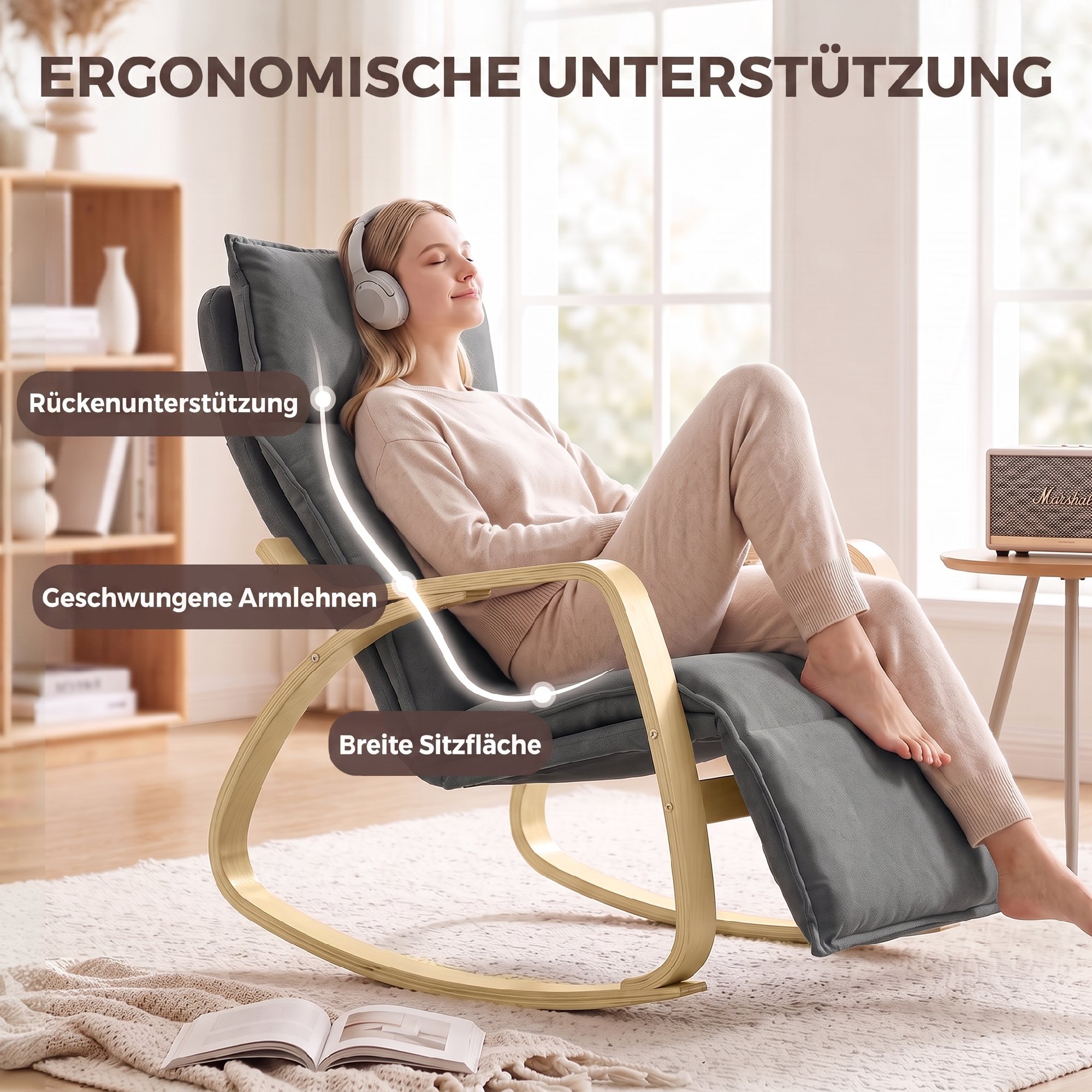 Schaukelstuhl in Leinenoptik mit 5-fach verstellbarer Fußstütze und Leinenoptik, für Wohnzimmer, Dunkelgrau