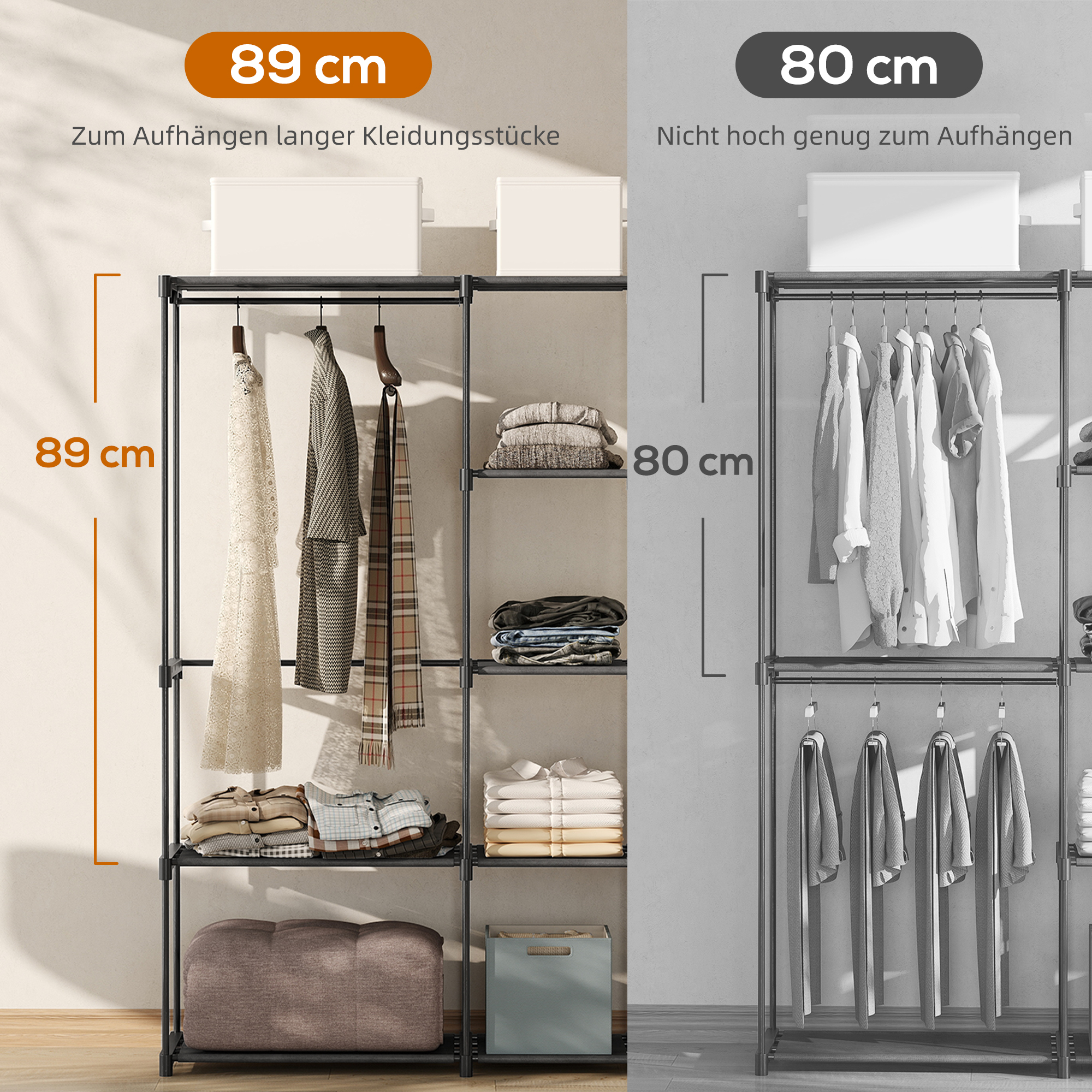 Kleiderschrank offen, 4 Stock Kleiderständer mit 2 Hängefächern für Wohnzimmer, 182 x 43 x 185 cm, Schwarz