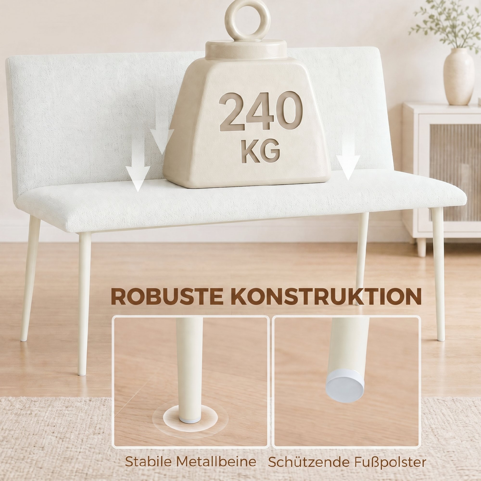 Esszimmerstuhl ohne Armlehnen, Stoff in Leinenoptik, Küchenstuhl mit Rückenlehne und Metallbeinen, für Wohnzimmer, Creme