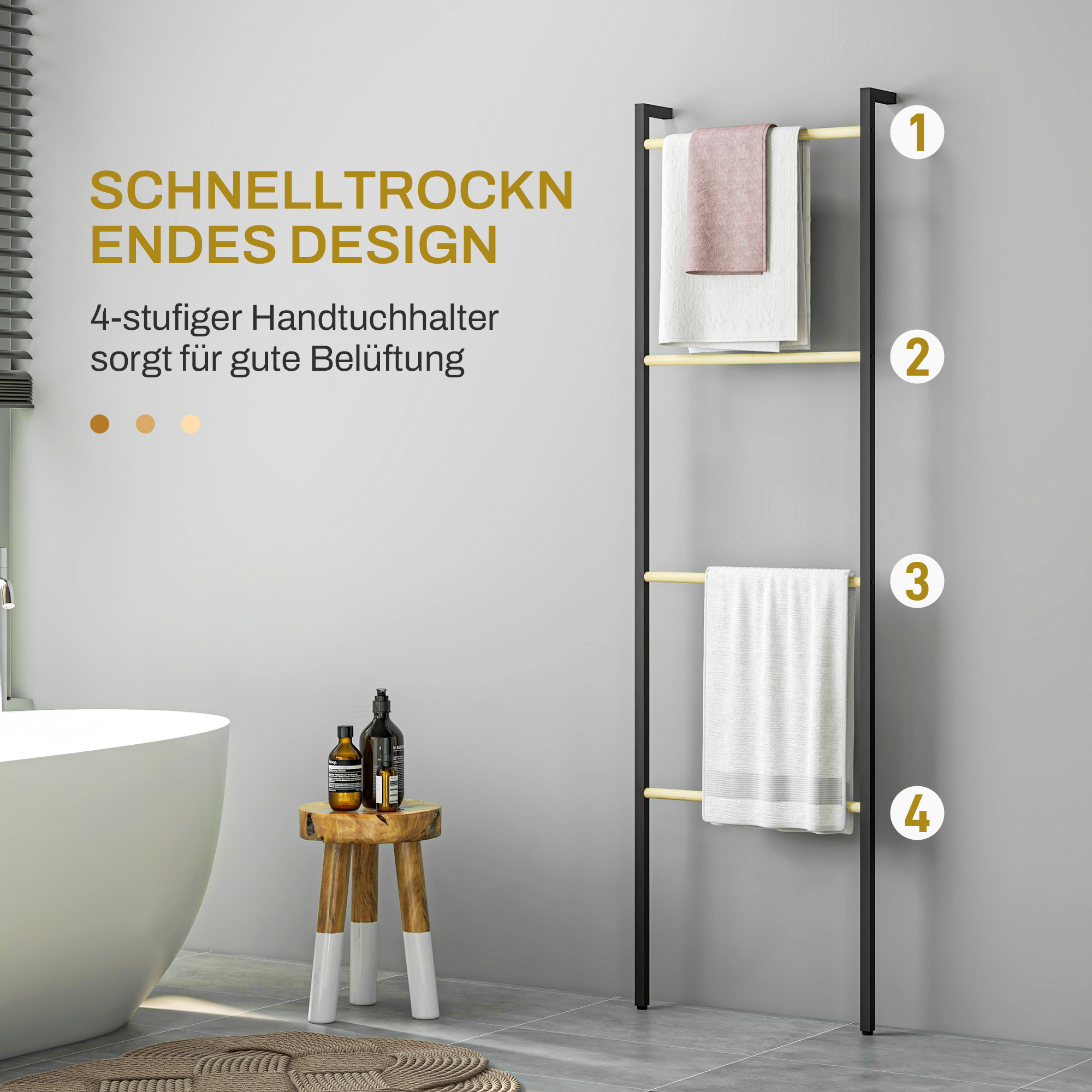 Handtuchhalter, freistehend, 4 Stangen, 49x5,5x167,5cm, Schwarz/Naturholz