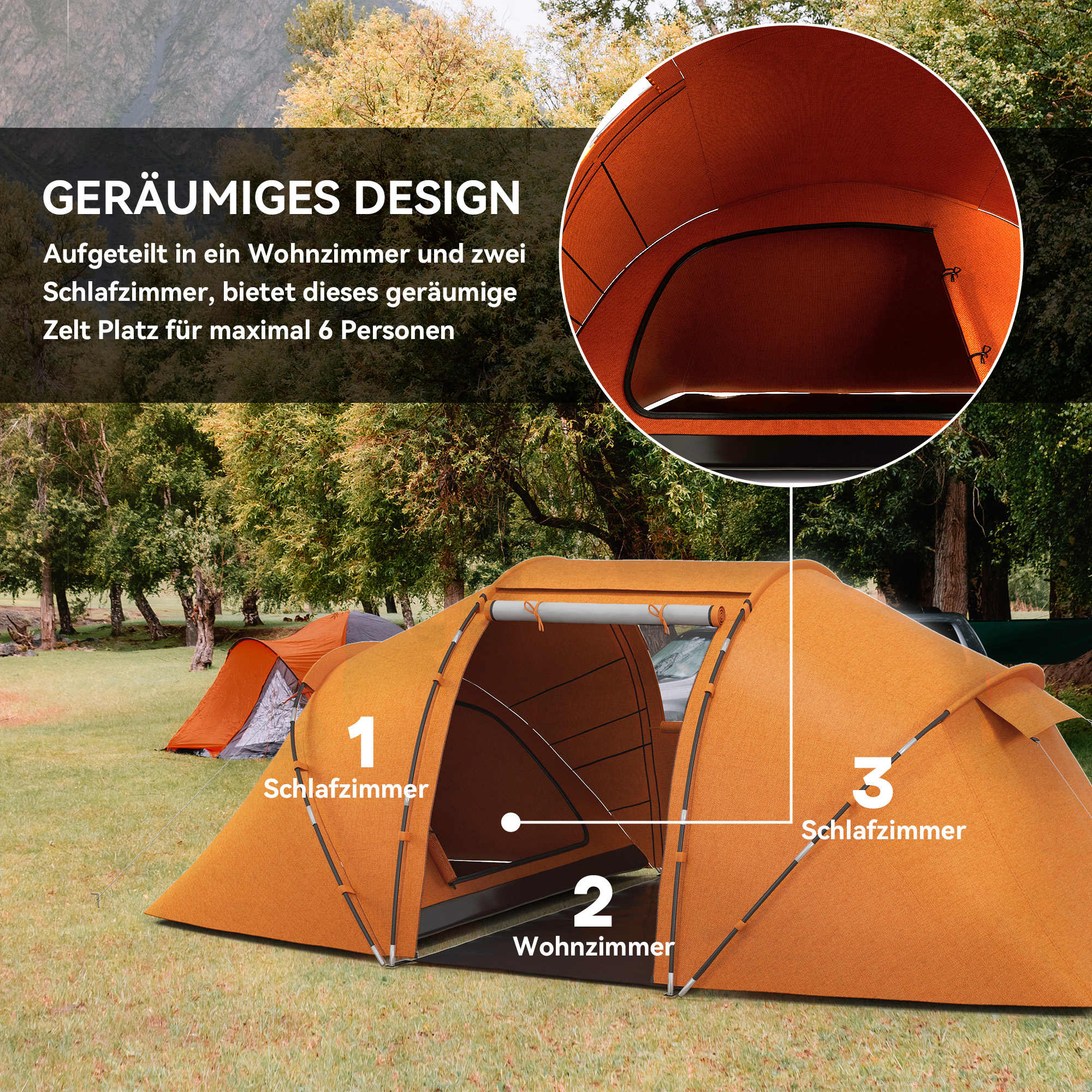 Tunnelzelt für 4-6 Personen, Campingzelt mit Tür, Bodenplane, 2000mm wasserdicht Orange